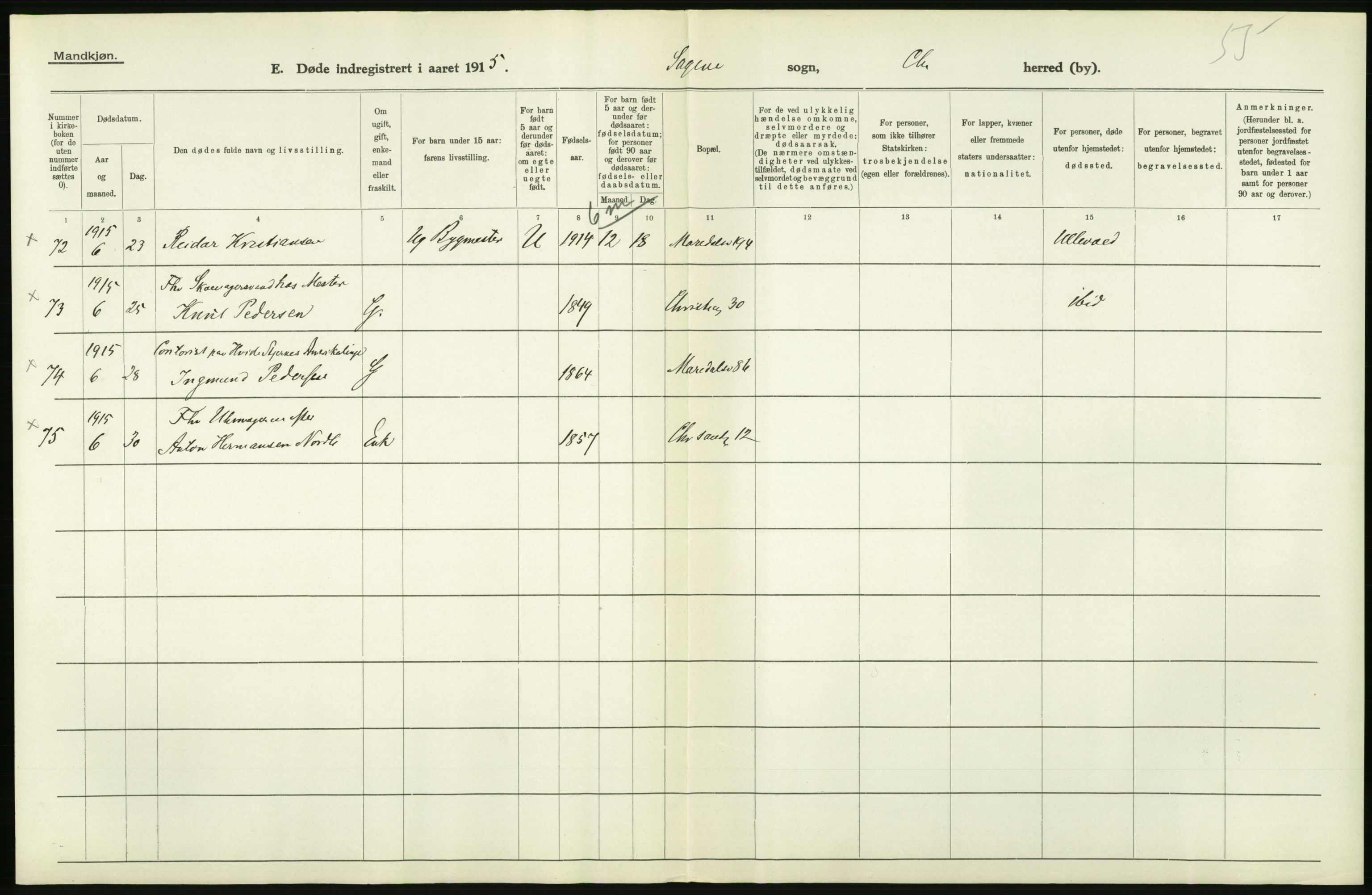 Statistisk sentralbyrå, Sosiodemografiske emner, Befolkning, AV/RA-S-2228/D/Df/Dfb/Dfbe/L0009: Kristiania: Døde., 1915, p. 22