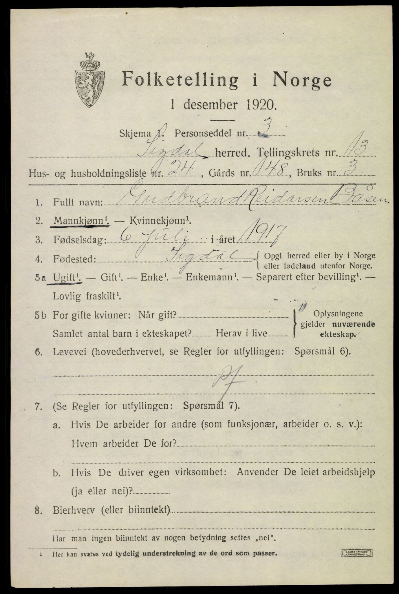 SAKO, 1920 census for Sigdal, 1920, p. 8332