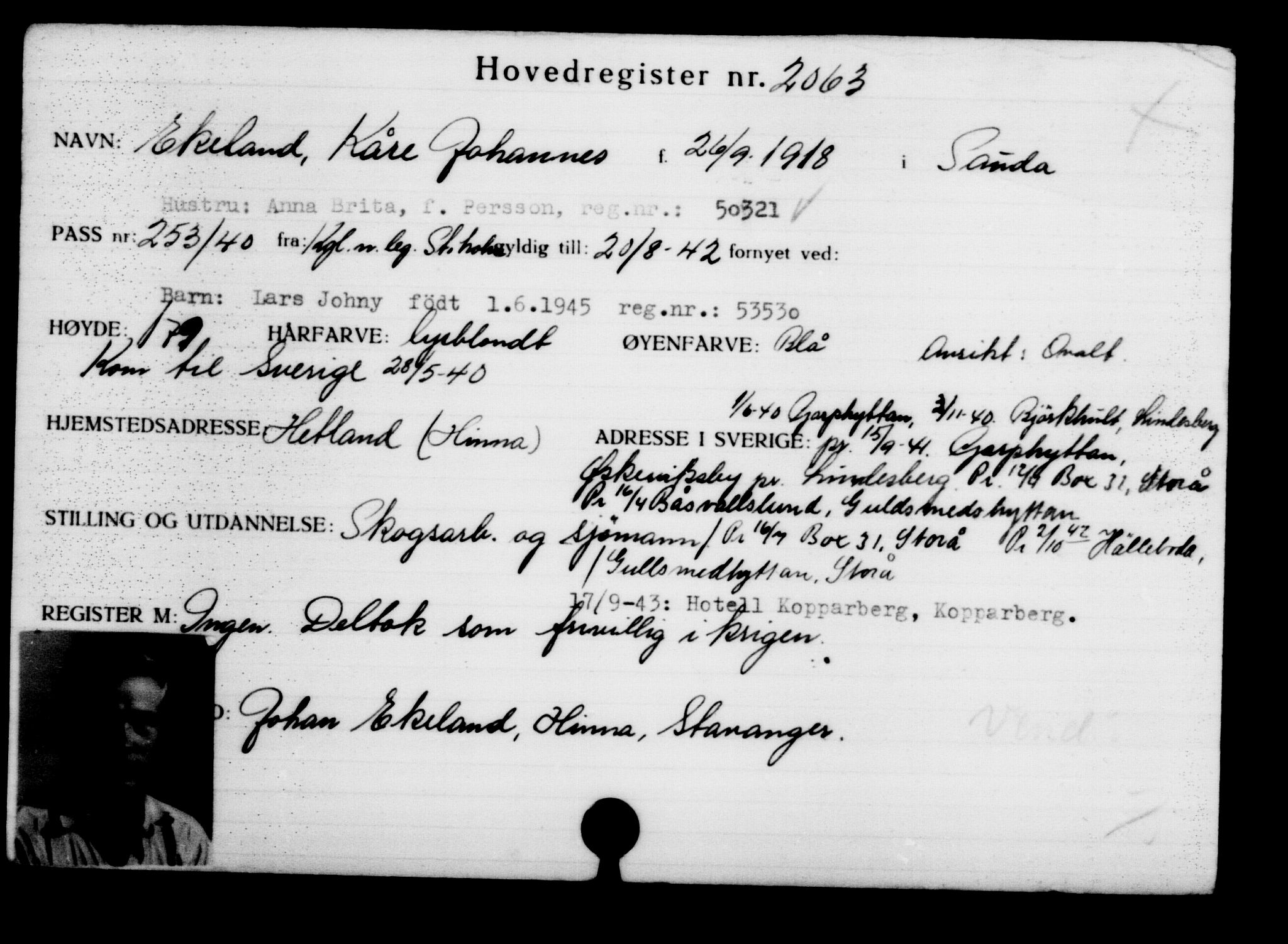 Utenriksstasjonene, Legasjonen i Stockholm, Flyktningkontoret, AV/RA-S-6753/V/Va/L0003: Kjesäterkartoteket, flyktninger med registreringsnr. 2001-3495, 1940-1945, p. 83