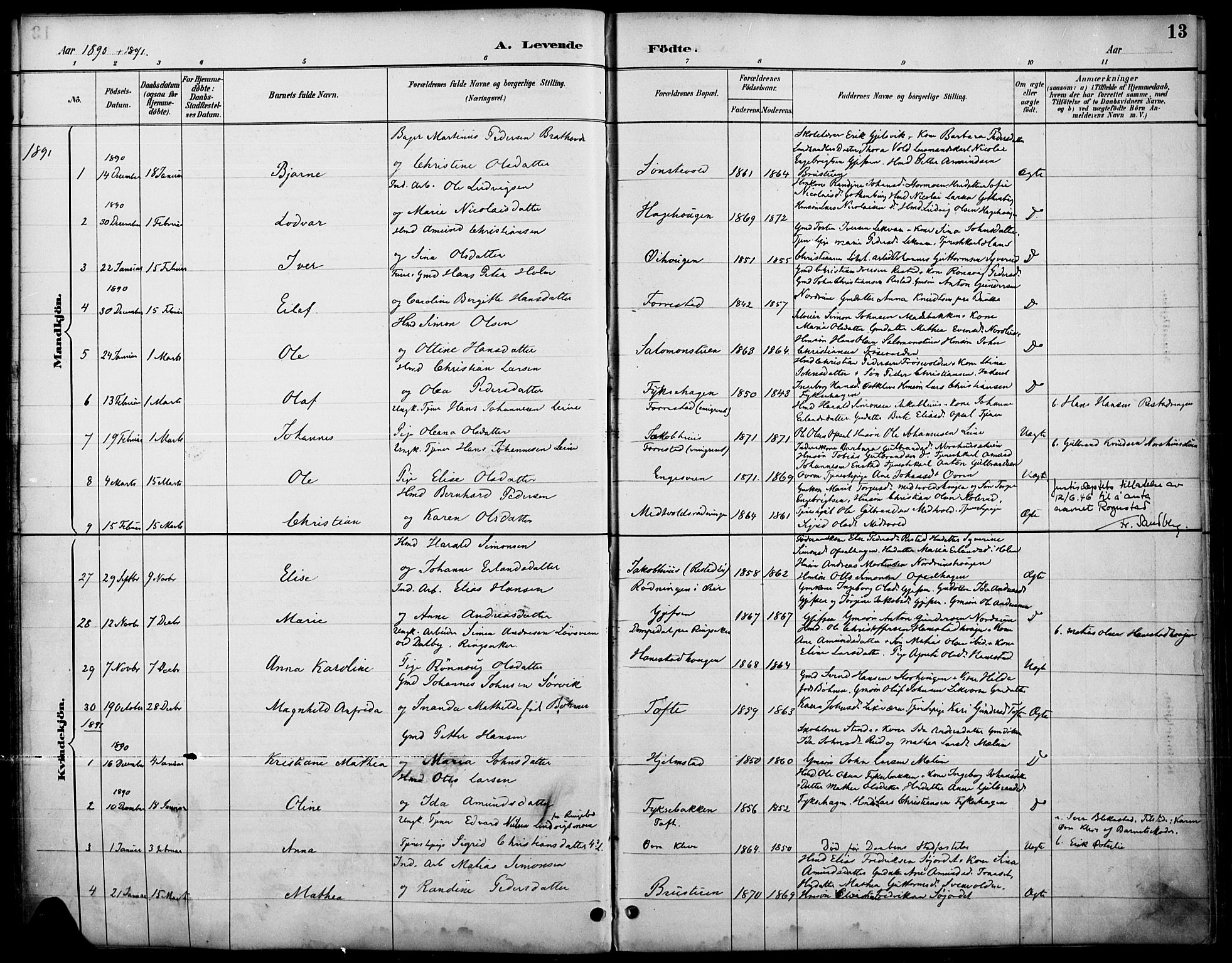 Østre Gausdal prestekontor, AV/SAH-PREST-092/H/Ha/Haa/L0002: Parish register (official) no. 2, 1887-1897, p. 13