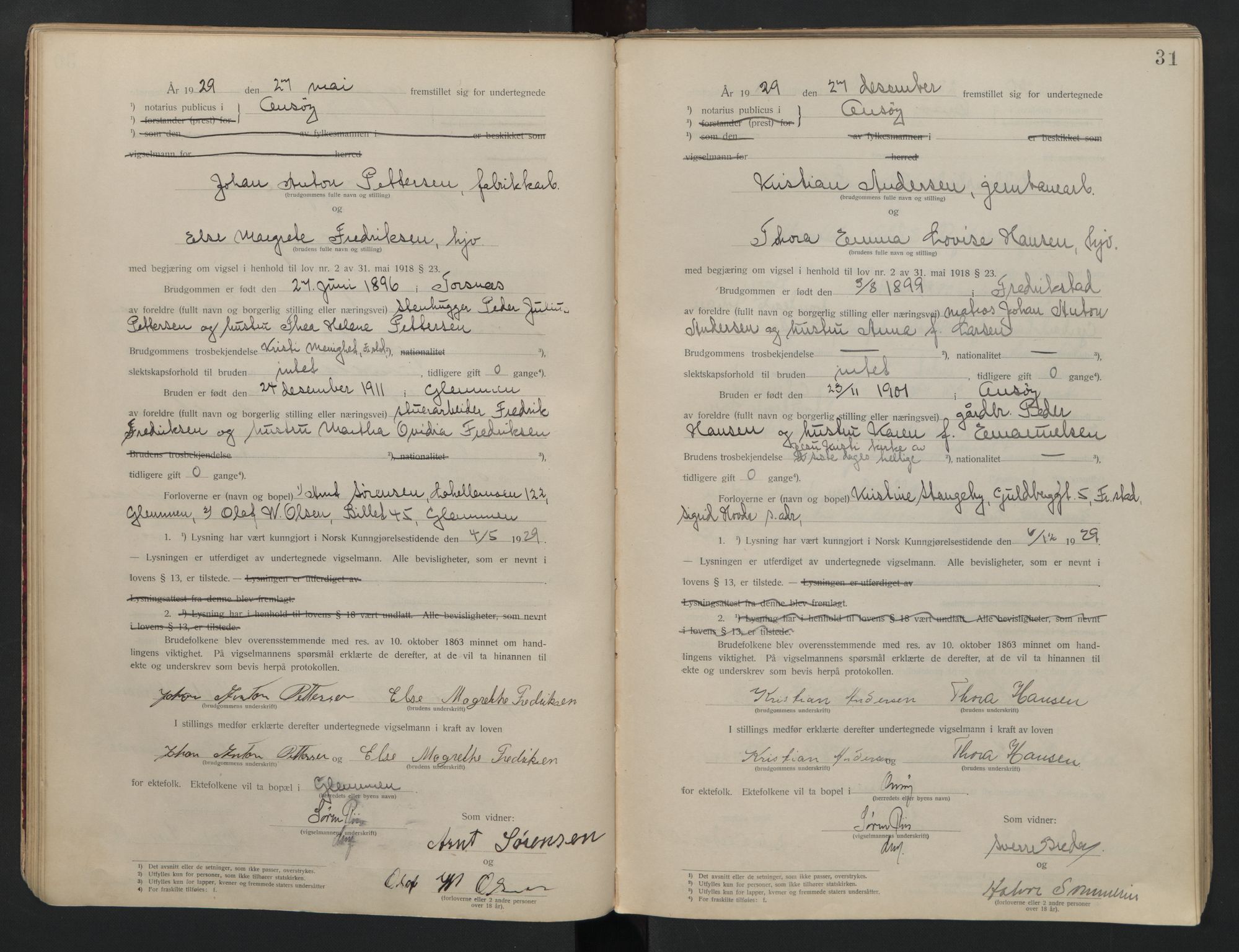 Onsøy sorenskriveri, AV/SAO-A-10474/L/La/L0001: Vigselsbok, 1920-1942, p. 31