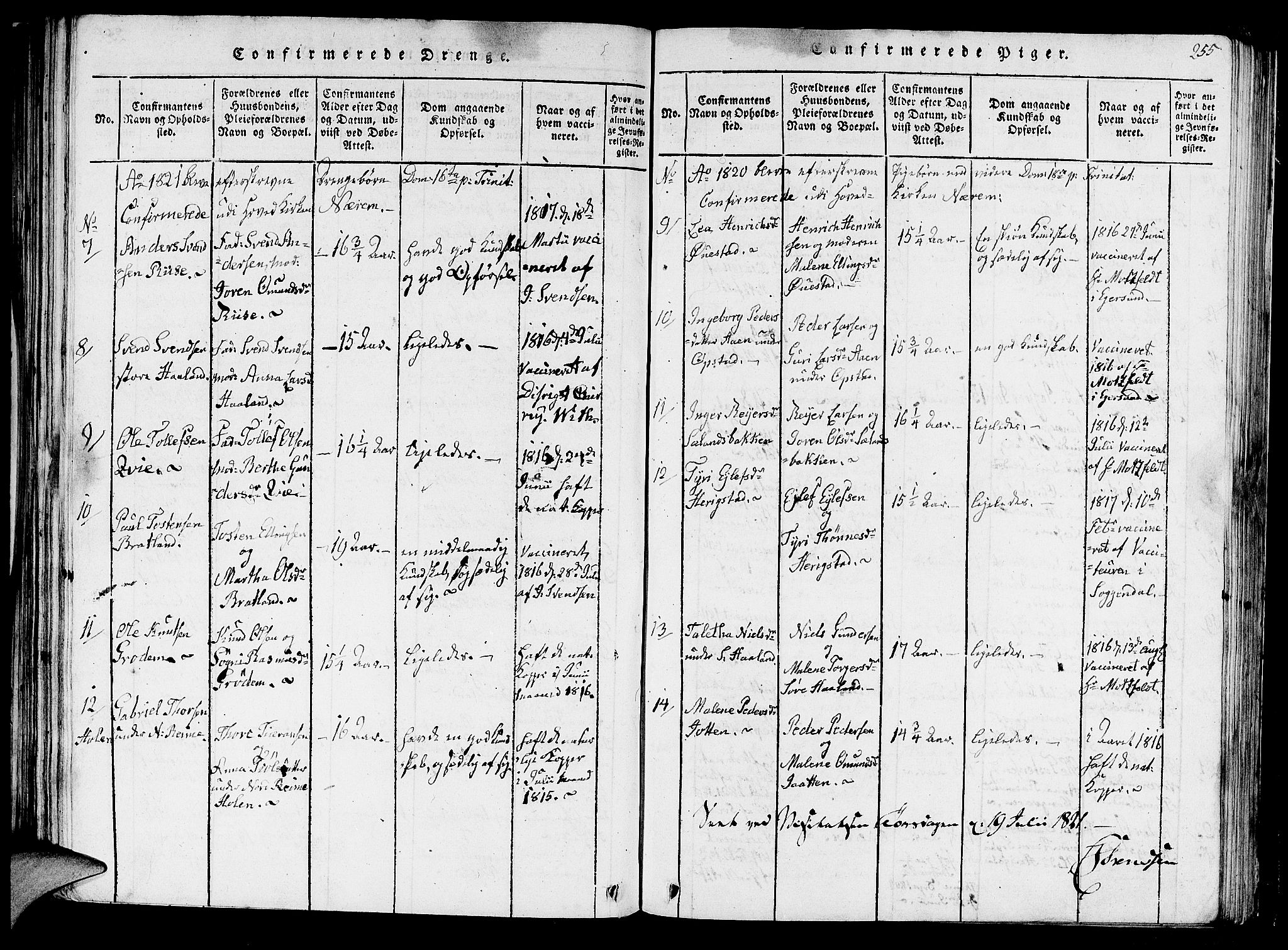 Hå sokneprestkontor, AV/SAST-A-101801/001/30BA/L0003: Parish register (official) no. A 3, 1815-1825, p. 255