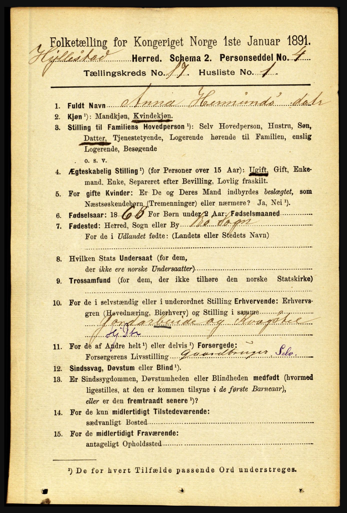 RA, 1891 census for 1413 Hyllestad, 1891, p. 3011