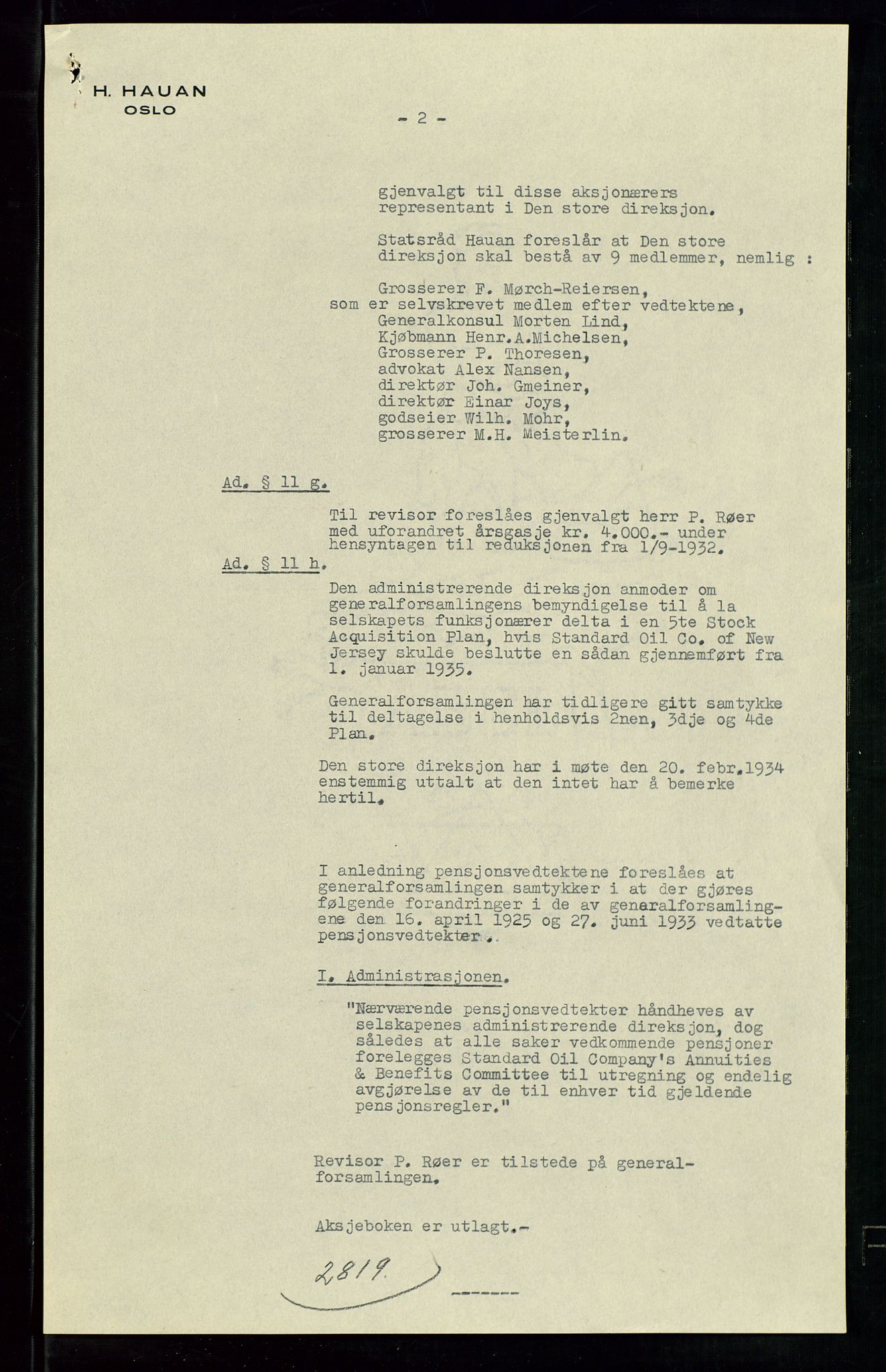 Pa 1536 - Esso Norge as, Vallø Oljeraffineri og lager, AV/SAST-A-101956/A/Aa/L0002: Vallø Oljeraffineri ordinær og ekstraordinær generalforsamling 1934. Ordinær generalforsamling Vallø Oljeraffineri, Norsk Amerikansk Petroleuns co., Vestlandske Petroleums co. 1935., 1934-1935, p. 5