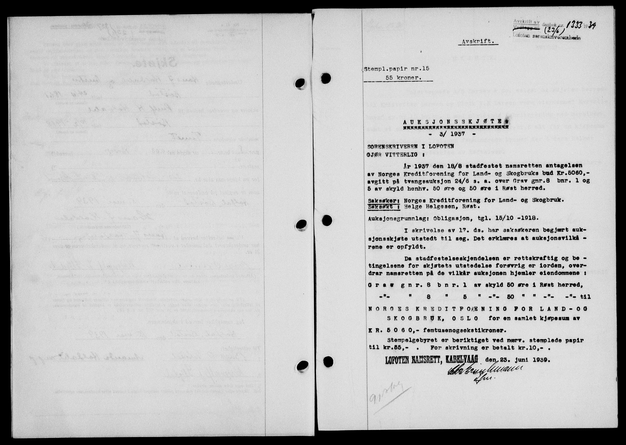Lofoten sorenskriveri, SAT/A-0017/1/2/2C/L0005a: Mortgage book no. 5a, 1939-1939, Diary no: : 1333/1939