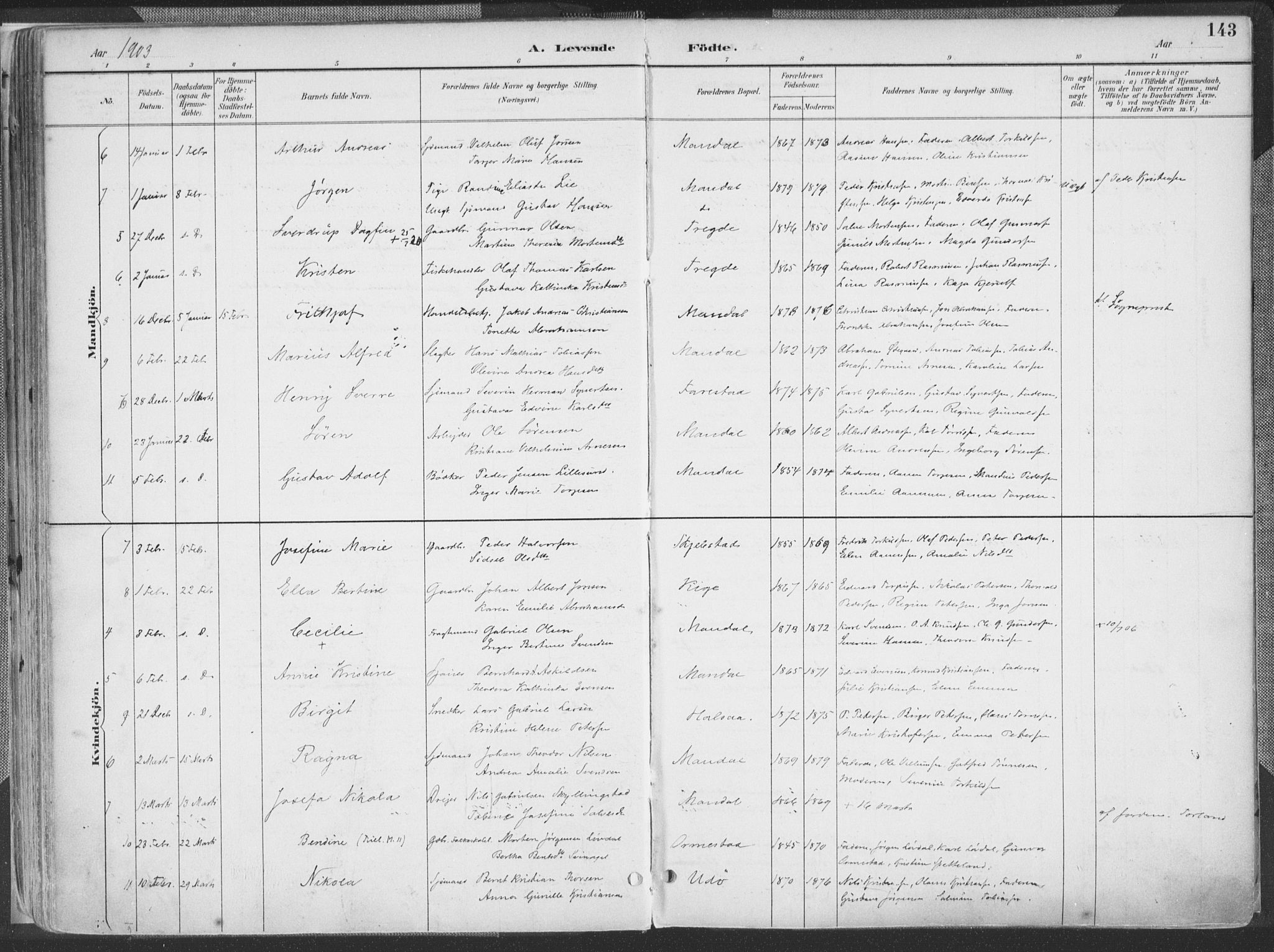 Mandal sokneprestkontor, AV/SAK-1111-0030/F/Fa/Faa/L0018: Parish register (official) no. A 18, 1890-1905, p. 143