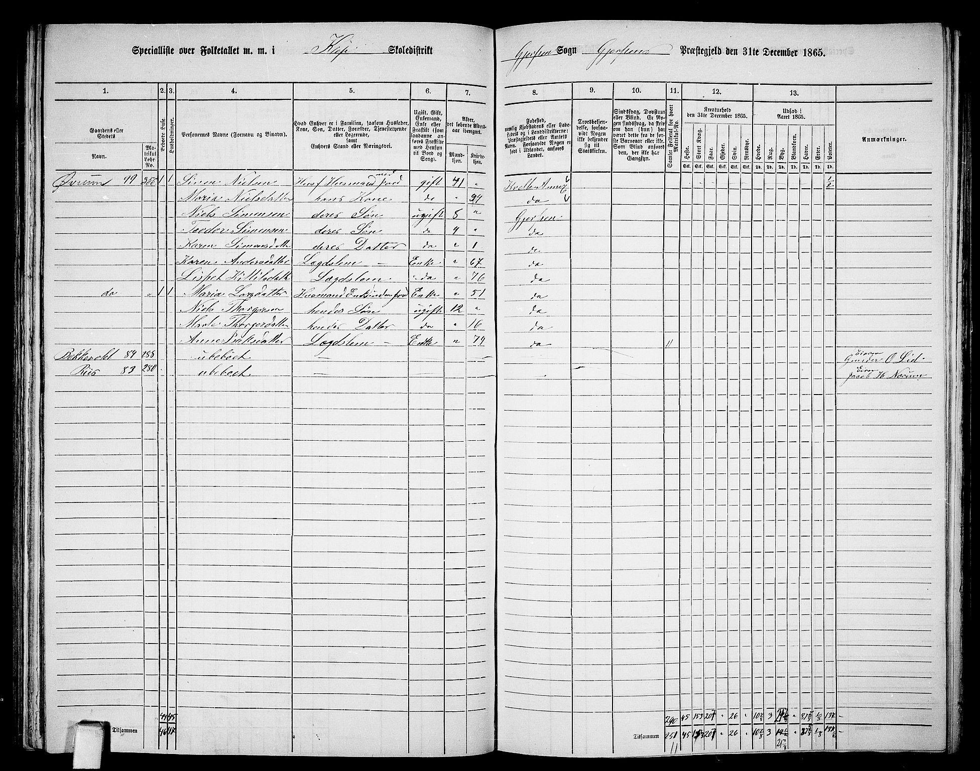 RA, 1865 census for Gjerpen, 1865, p. 172