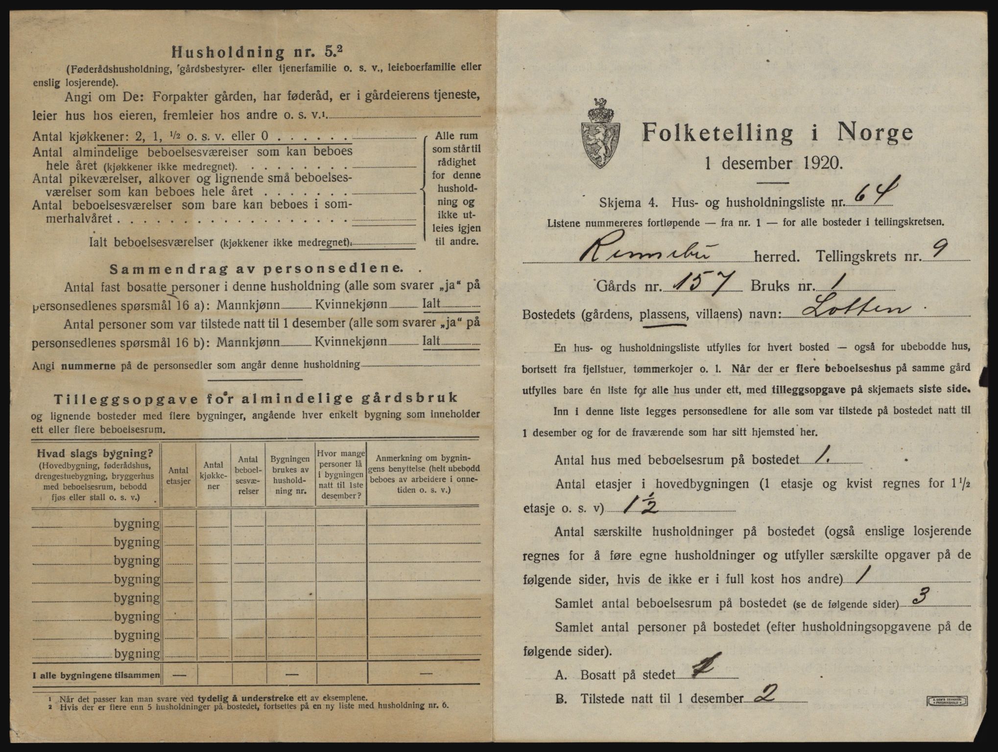 SAT, 1920 census for Rennebu, 1920, p. 1056