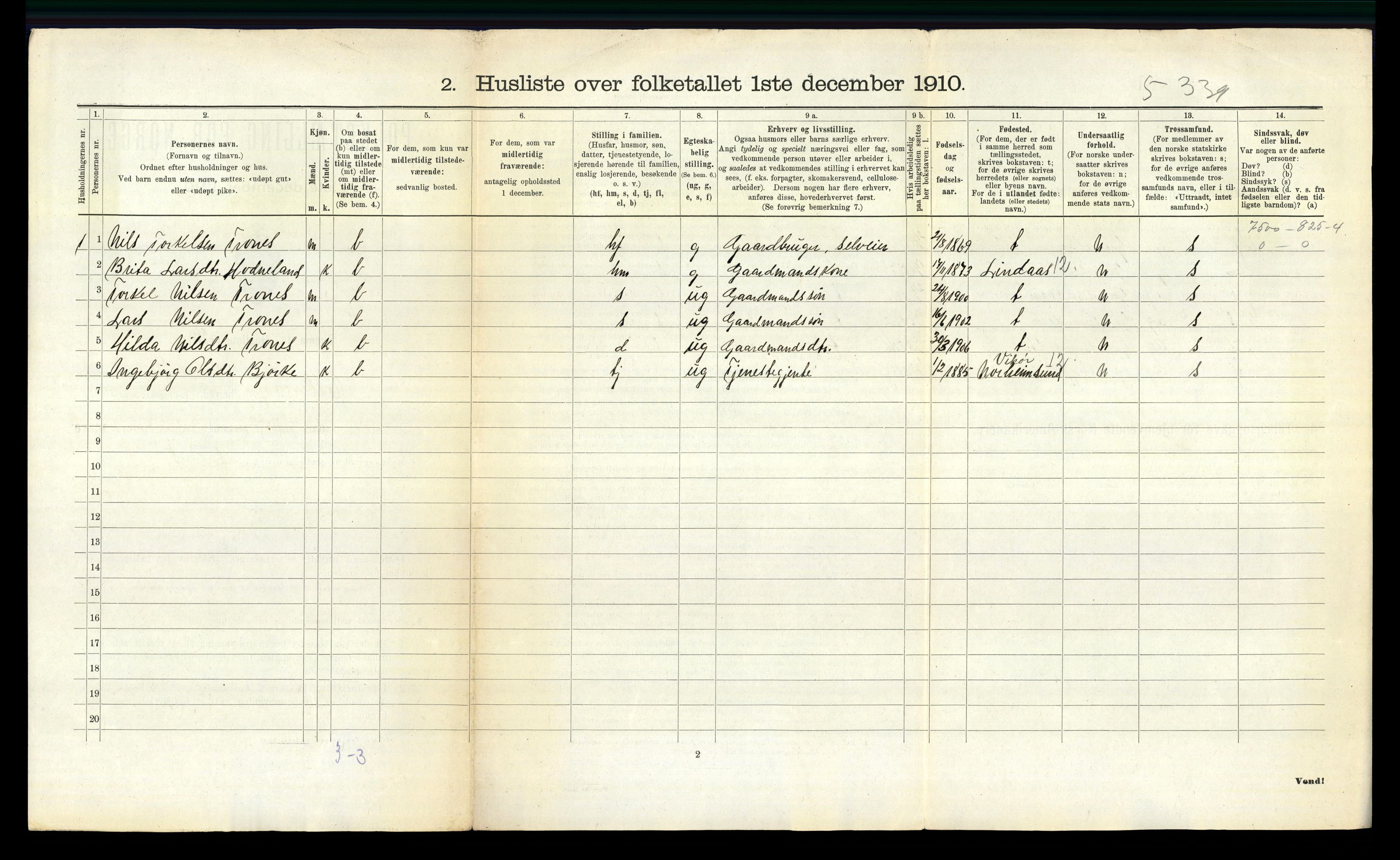 RA, 1910 census for Ullensvang, 1910, p. 1378