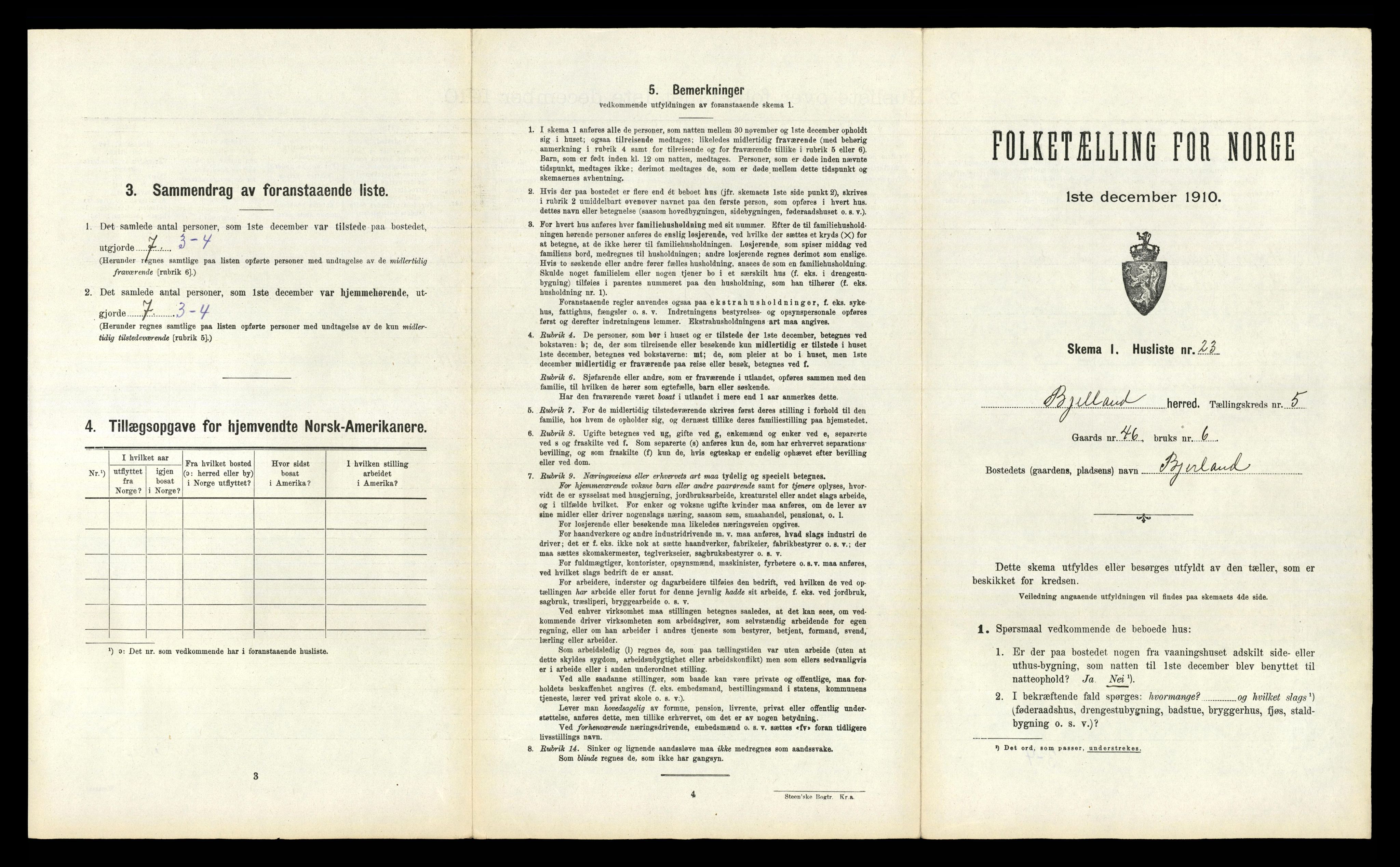 RA, 1910 census for Bjelland, 1910, p. 330