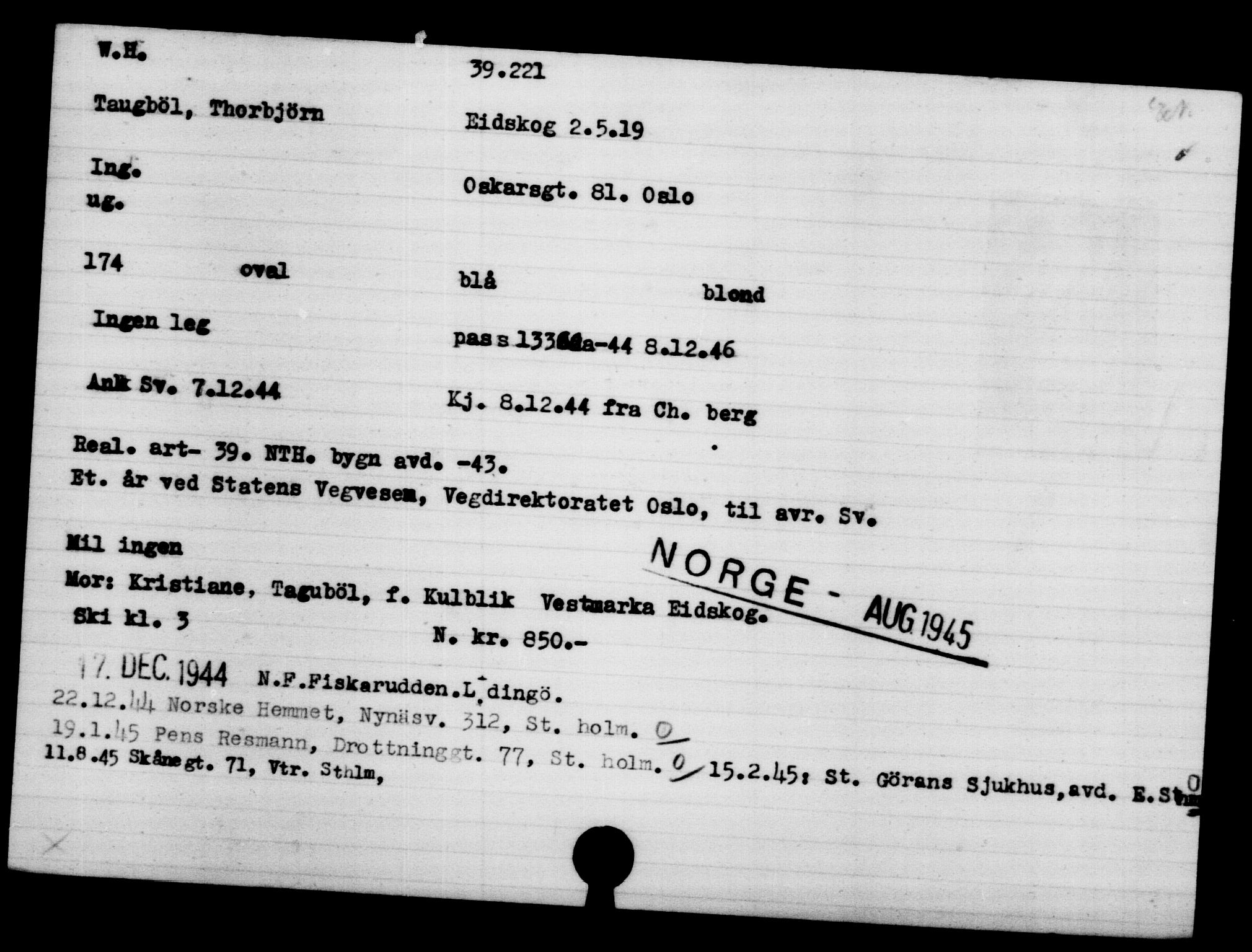 Utenriksstasjonene, Legasjonen i Stockholm, Flyktningkontoret, AV/RA-S-6753/V/Va/L0015: Kjesäterkartoteket, flyktninger med registreringsnr. 37800-40770, 1940-1945, p. 1460