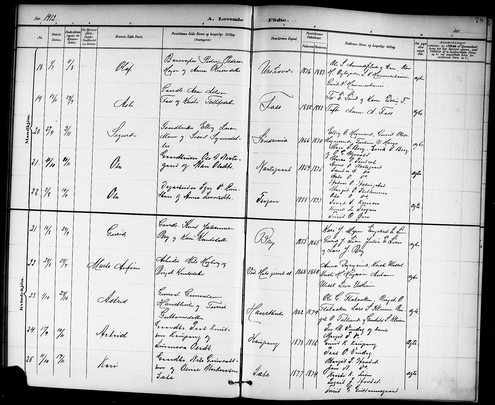 Hol kirkebøker, SAKO/A-227/G/Ga/L0001: Parish register (copy) no. I 1, 1900-1919, p. 78