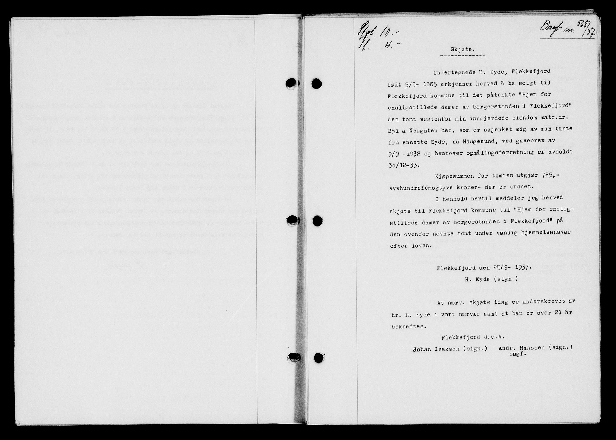 Flekkefjord sorenskriveri, AV/SAK-1221-0001/G/Gb/Gba/L0054: Mortgage book no. A-2, 1937-1938, Diary no: : 568/1937