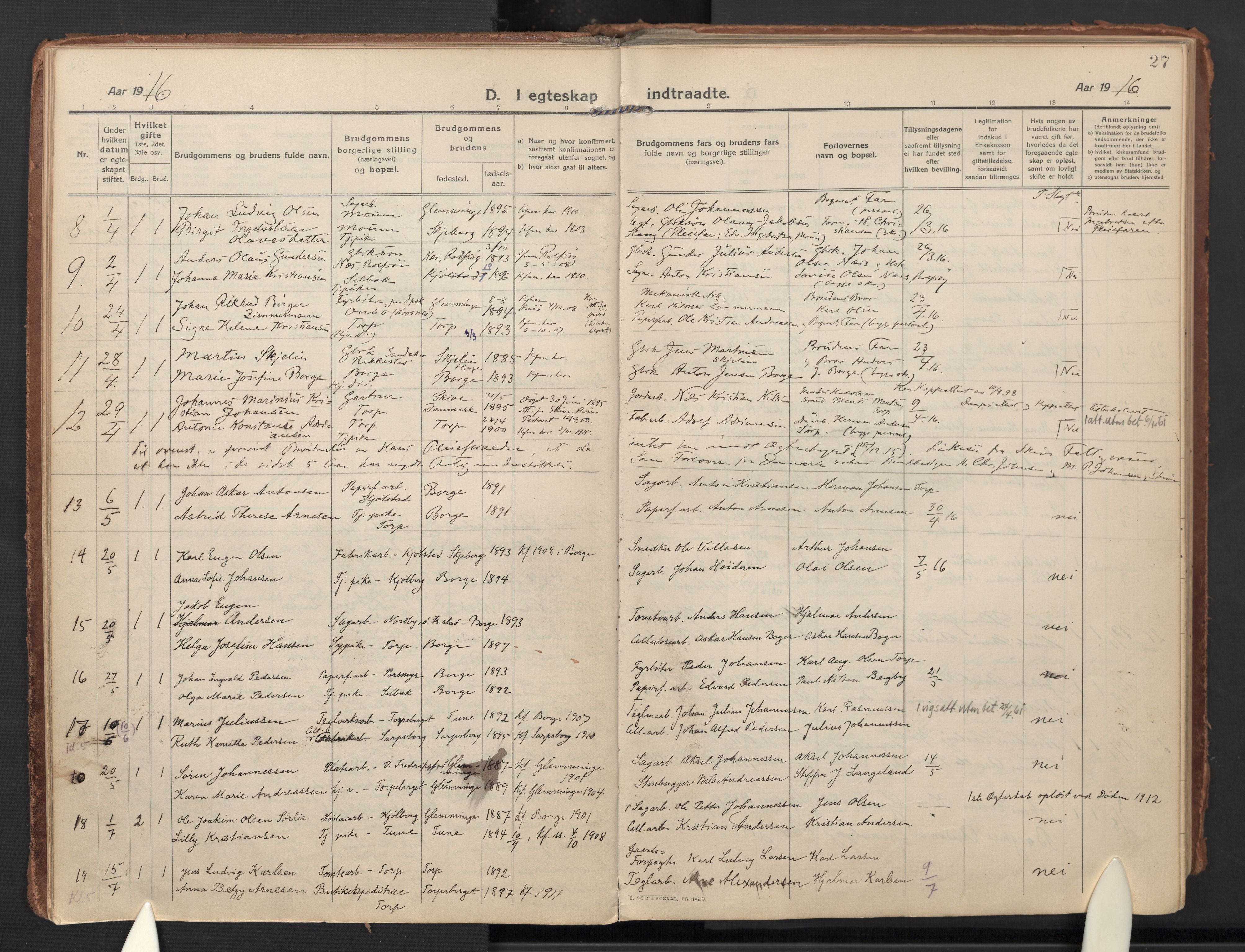 Borge prestekontor Kirkebøker, AV/SAO-A-10903/F/Fa/L0012: Parish register (official) no. I 12, 1912-1955, p. 27