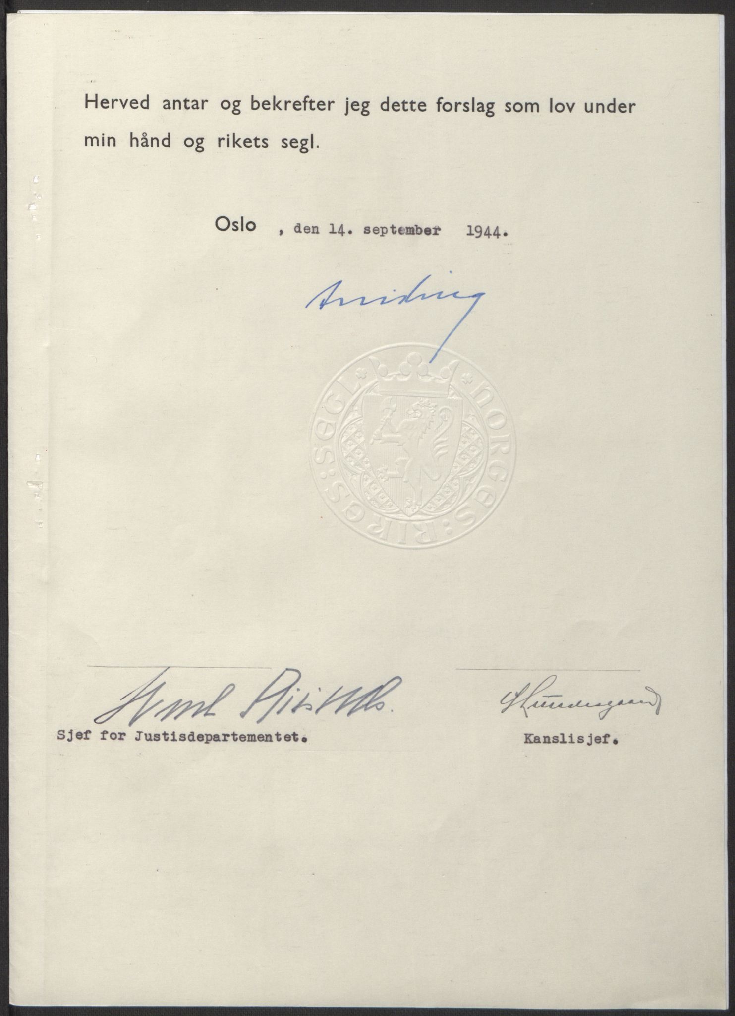 NS-administrasjonen 1940-1945 (Statsrådsekretariatet, de kommisariske statsråder mm), RA/S-4279/D/Db/L0100: Lover, 1944, p. 436