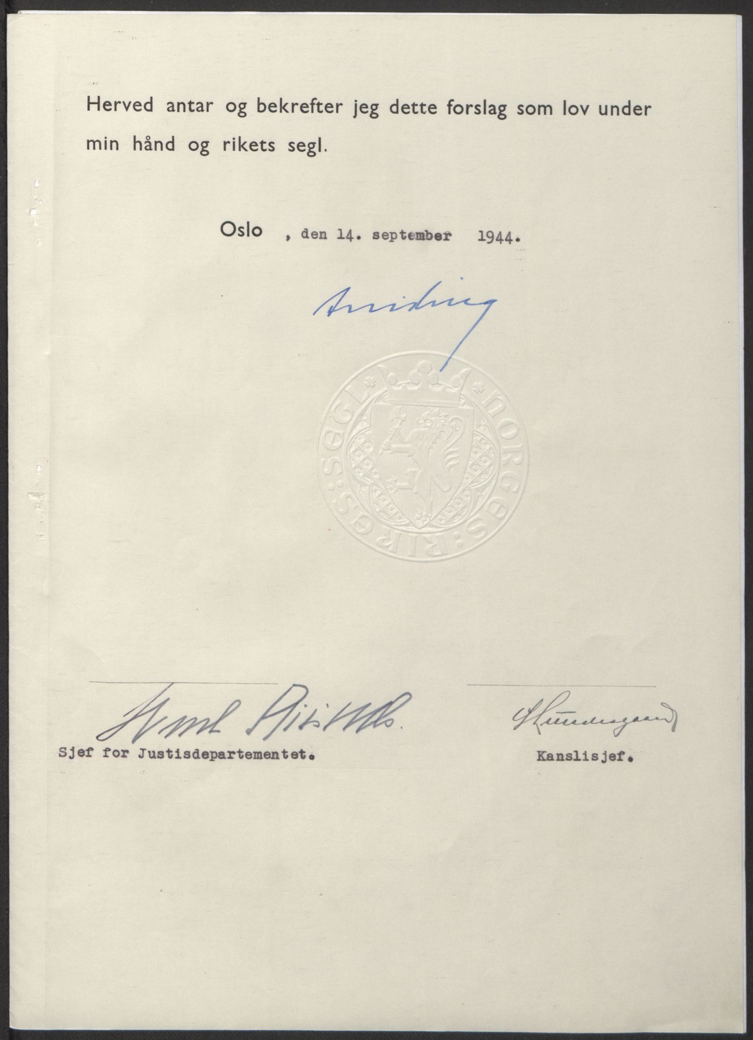 NS-administrasjonen 1940-1945 (Statsrådsekretariatet, de kommisariske statsråder mm), AV/RA-S-4279/D/Db/L0100: Lover, 1944, p. 436