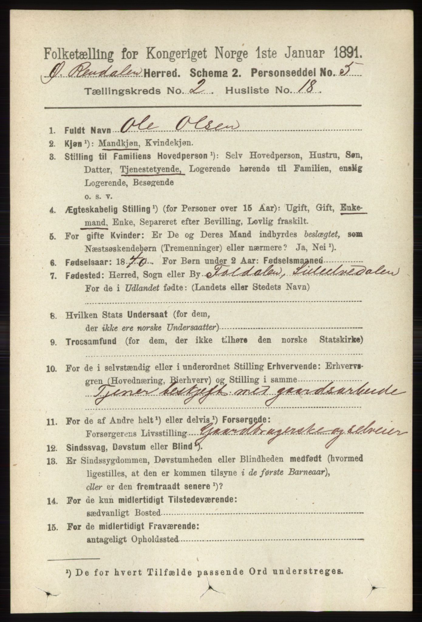 RA, 1891 census for 0433 Øvre Rendal, 1891, p. 502