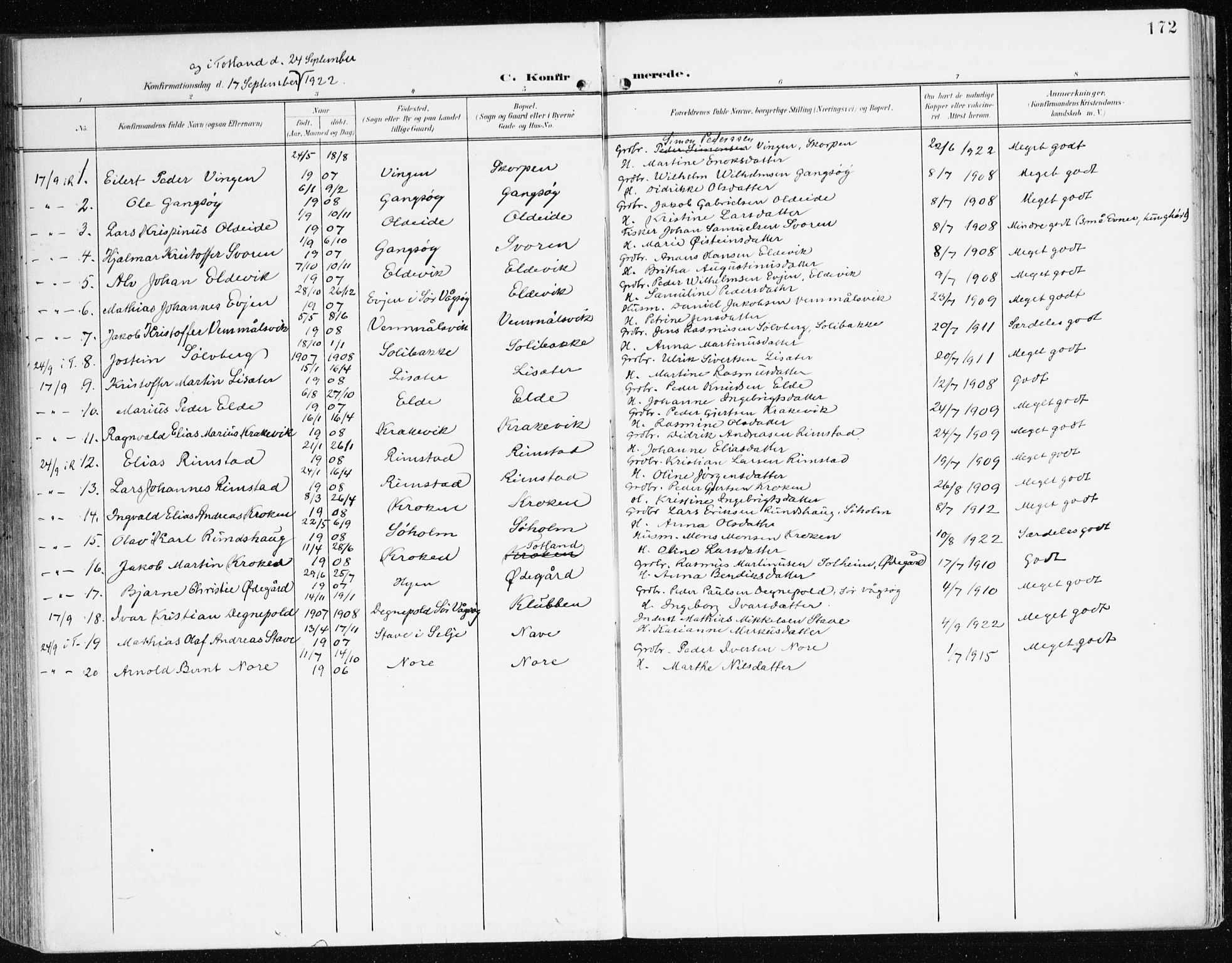 Davik sokneprestembete, AV/SAB-A-79701/H/Haa/Haad/L0002: Parish register (official) no. D 2, 1901-1930, p. 172