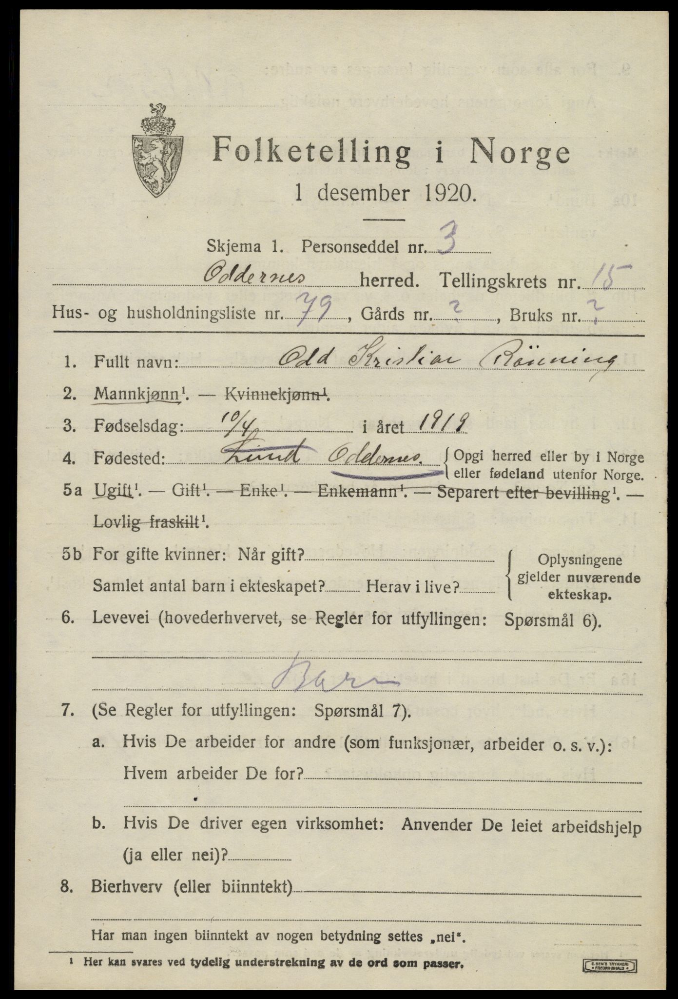 SAK, 1920 census for Oddernes, 1920, p. 11129