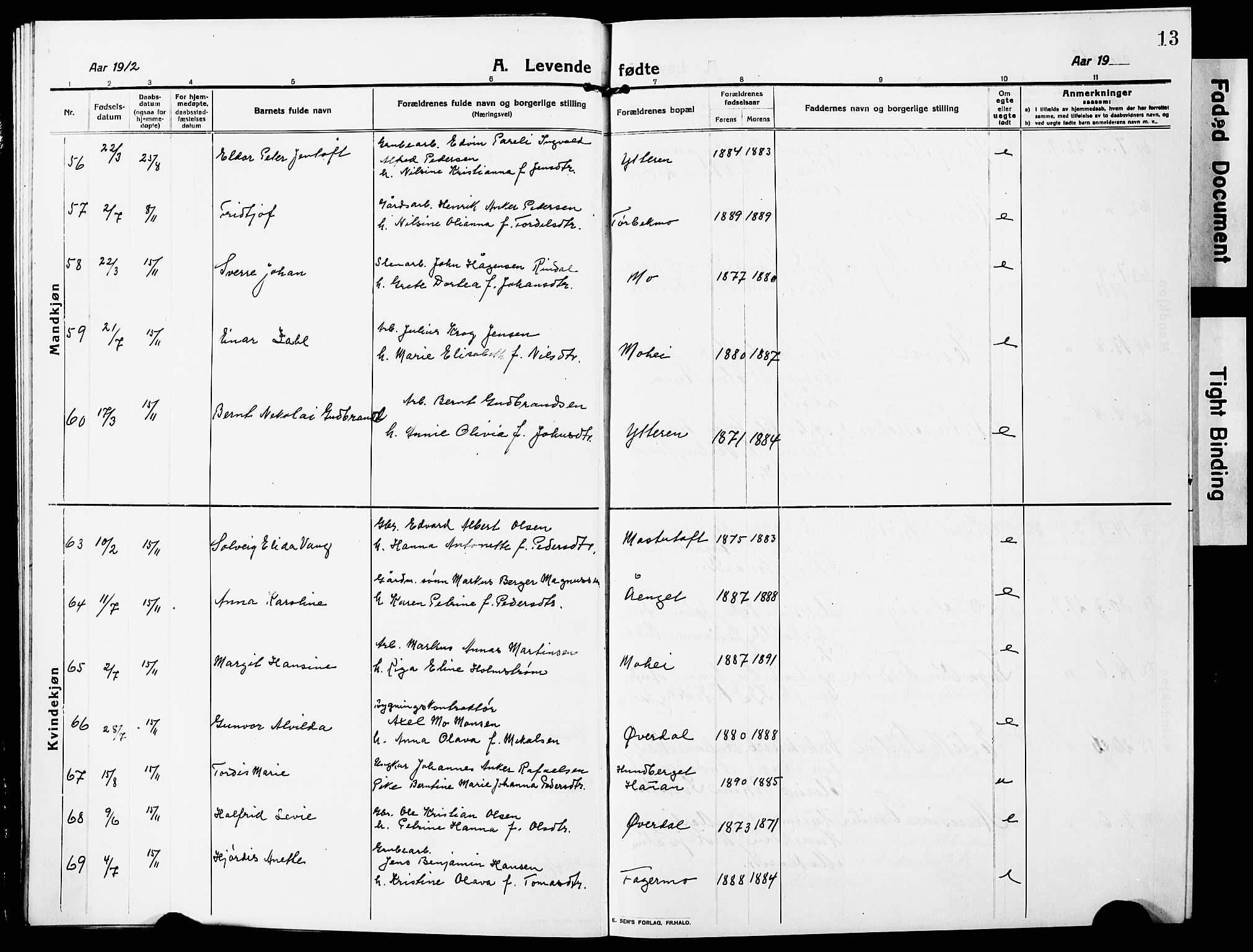 Ministerialprotokoller, klokkerbøker og fødselsregistre - Nordland, AV/SAT-A-1459/827/L0423: Parish register (copy) no. 827C12, 1912-1930, p. 13