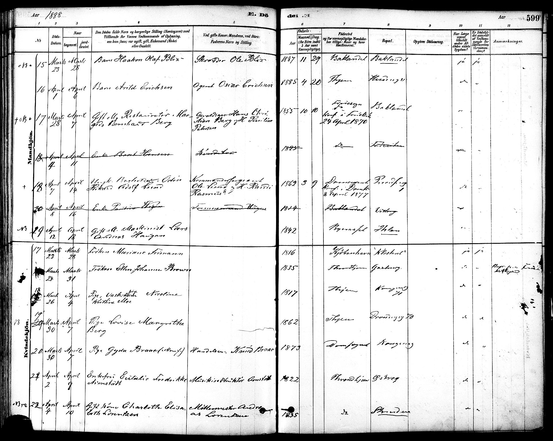 Ministerialprotokoller, klokkerbøker og fødselsregistre - Sør-Trøndelag, AV/SAT-A-1456/601/L0058: Parish register (official) no. 601A26, 1877-1891, p. 599