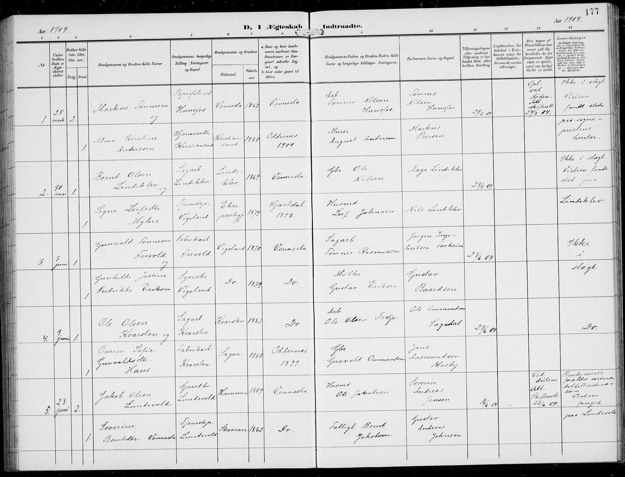 Vennesla sokneprestkontor, SAK/1111-0045/Fb/Fbb/L0005: Parish register (copy) no. B 5, 1903-1913, p. 177