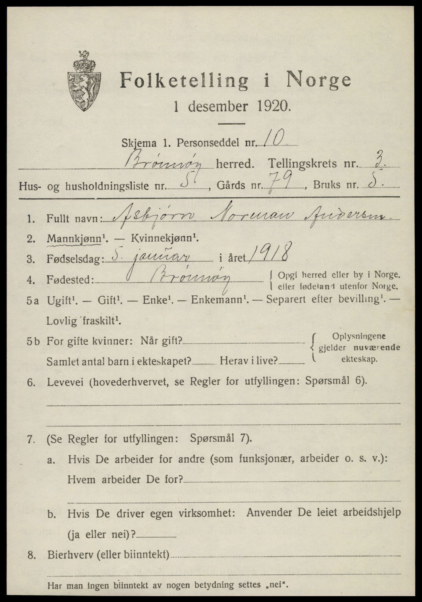 SAT, 1920 census for Brønnøy, 1920, p. 2556