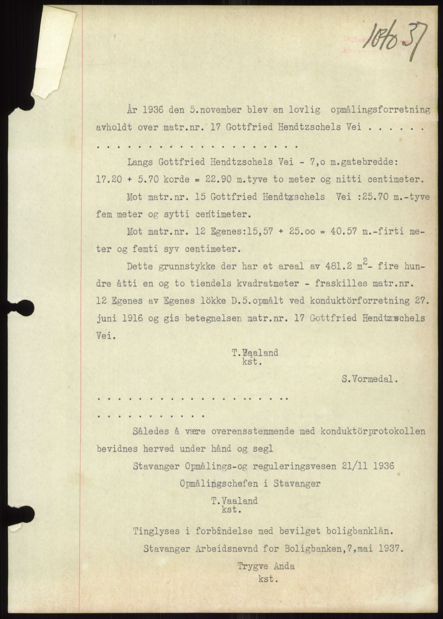 Stavanger byrett, SAST/A-100455/002/G/Gb/L0033: Mortgage book, 1936-1950, Diary no: : 1040/1937