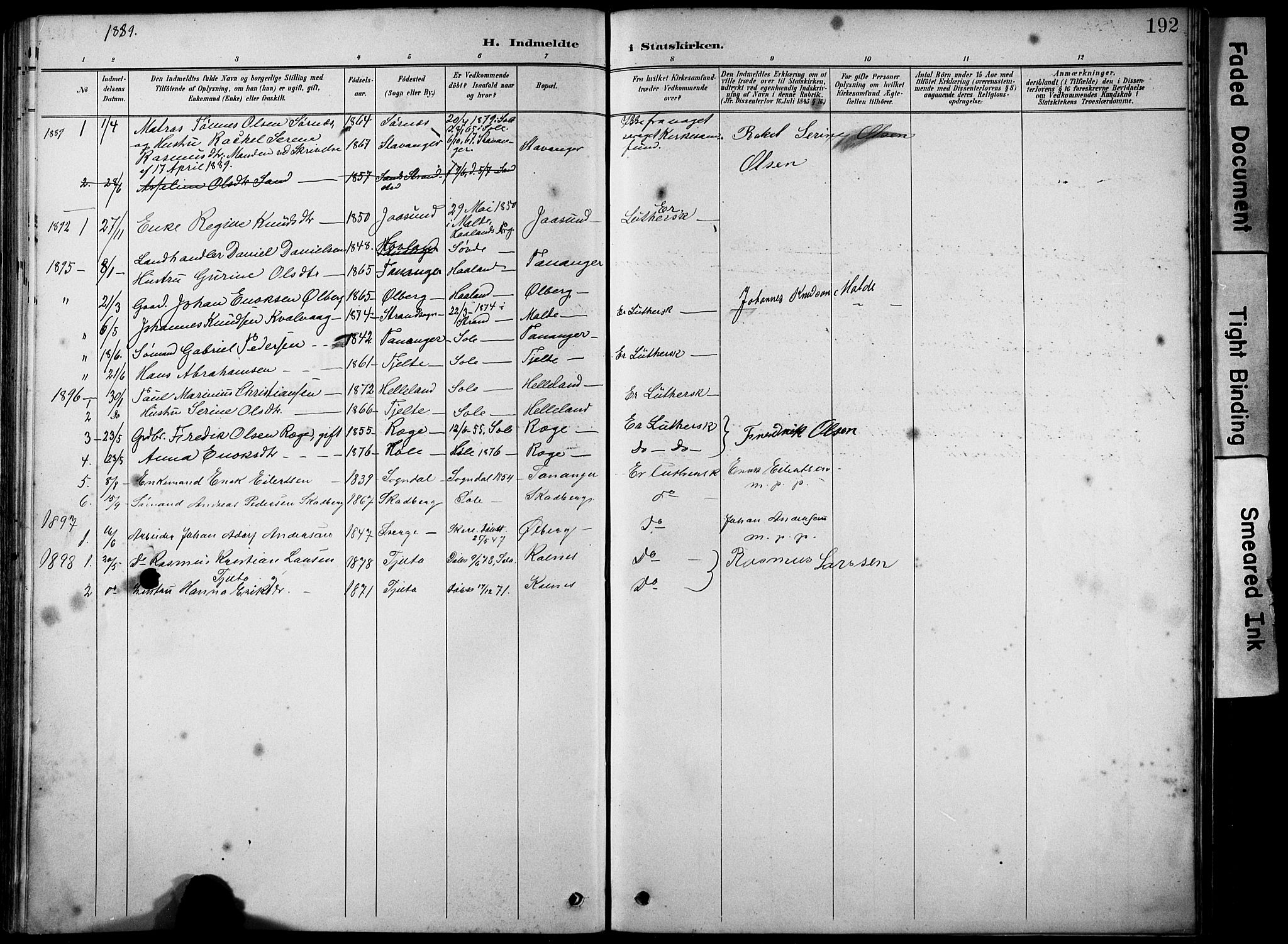 Håland sokneprestkontor, AV/SAST-A-101802/001/30BA/L0012: Parish register (official) no. A 11, 1889-1900, p. 192