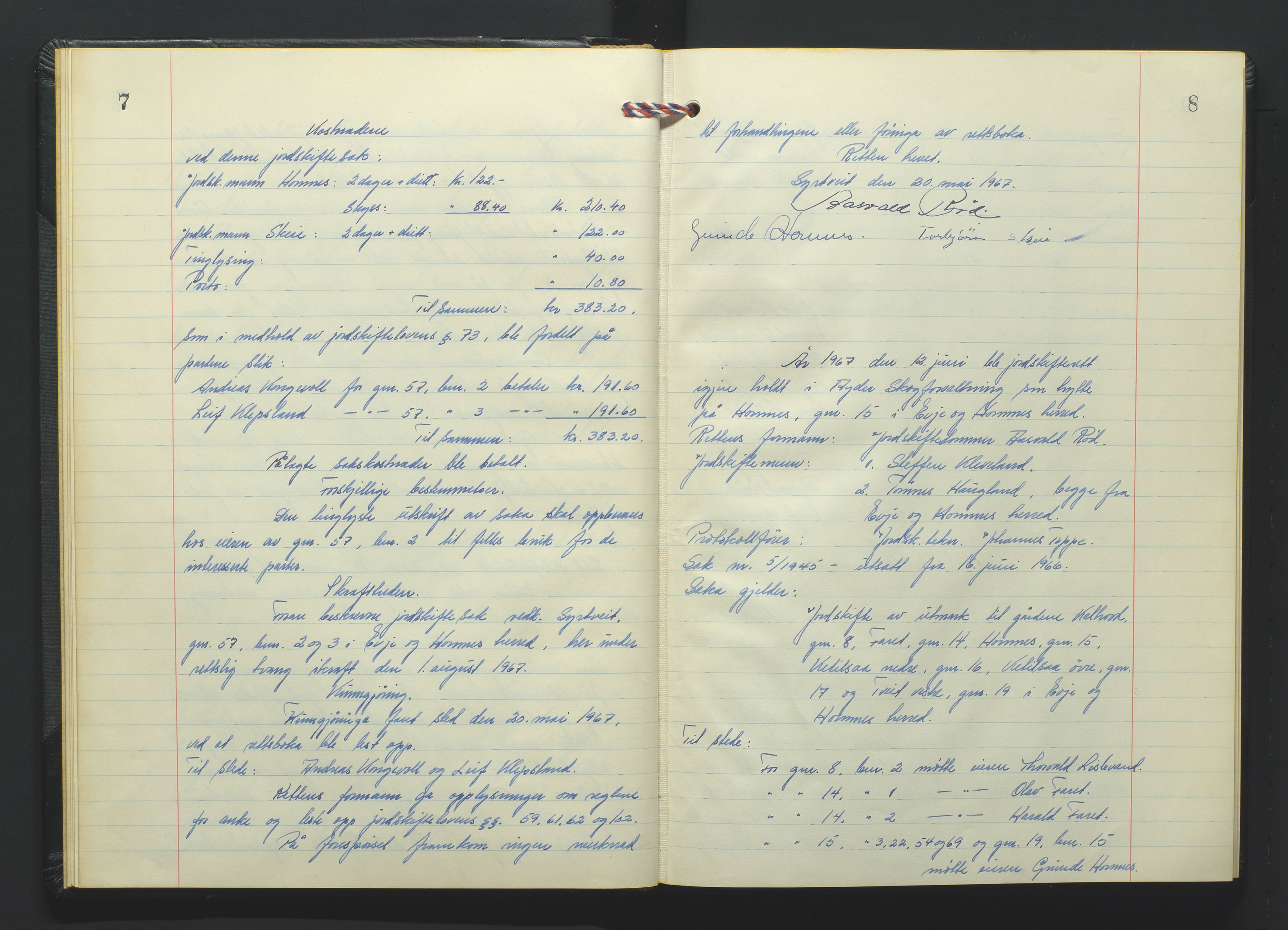 Setesdal jordskifterett, AV/SAK-1541-0008/F/Fa/Faa/L0008: Jordskifteprotokoll med gårdsregister, Setesdal domssokn nr 22, 1967-1970, p. 7-8