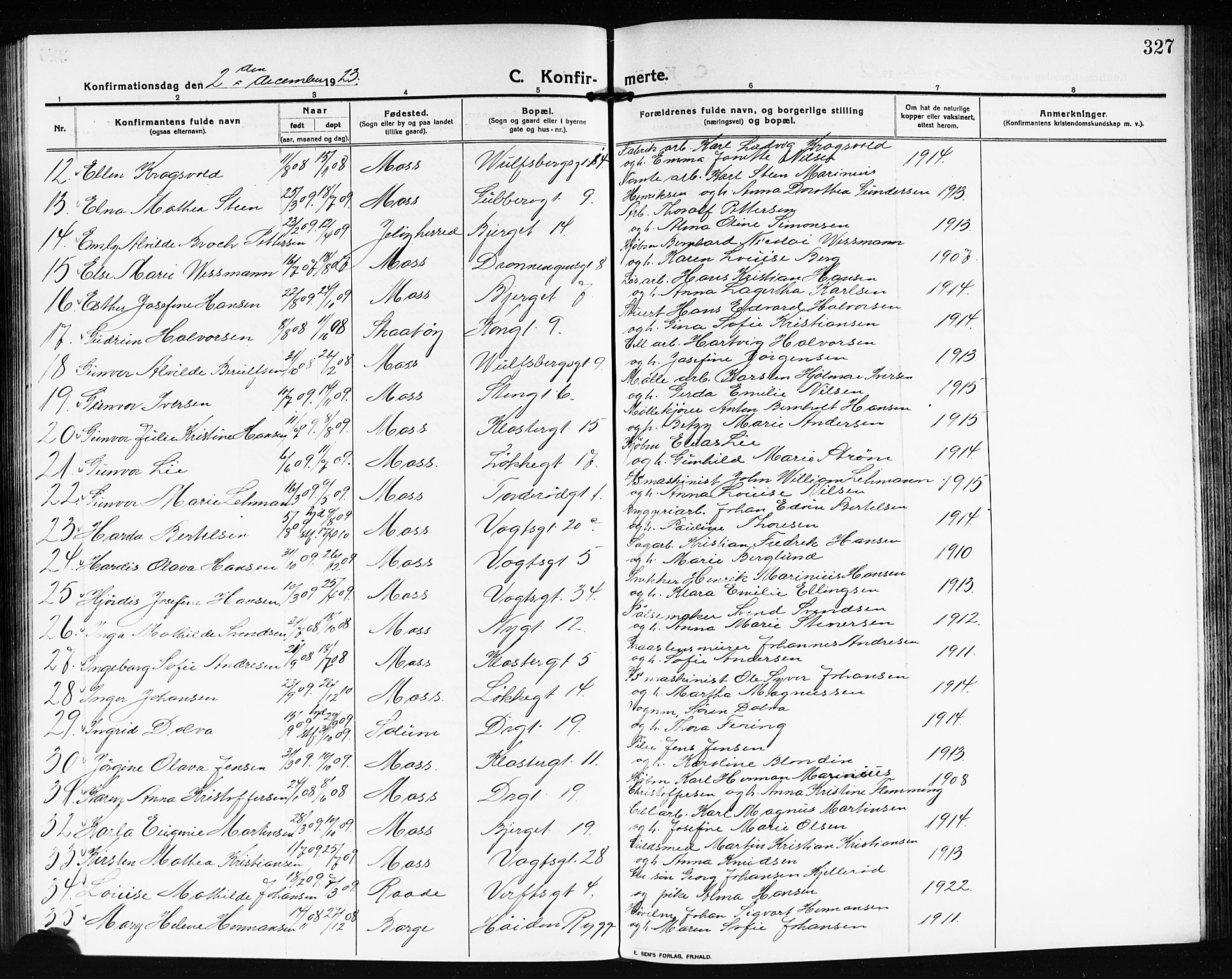 Moss prestekontor Kirkebøker, AV/SAO-A-2003/G/Ga/L0008: Parish register (copy) no. I 8, 1913-1923, p. 327
