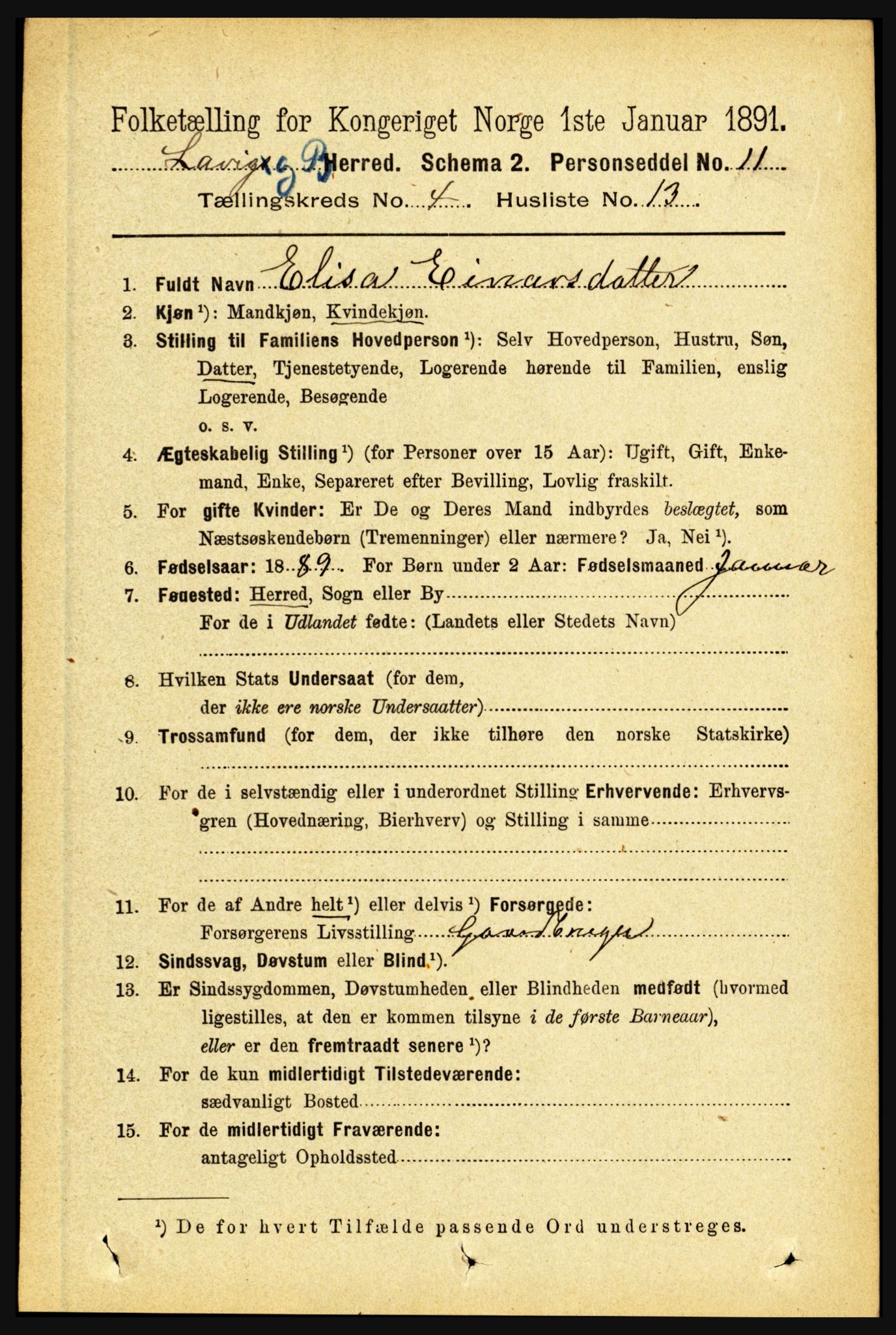 RA, 1891 census for 1415 Lavik og Brekke, 1891, p. 849