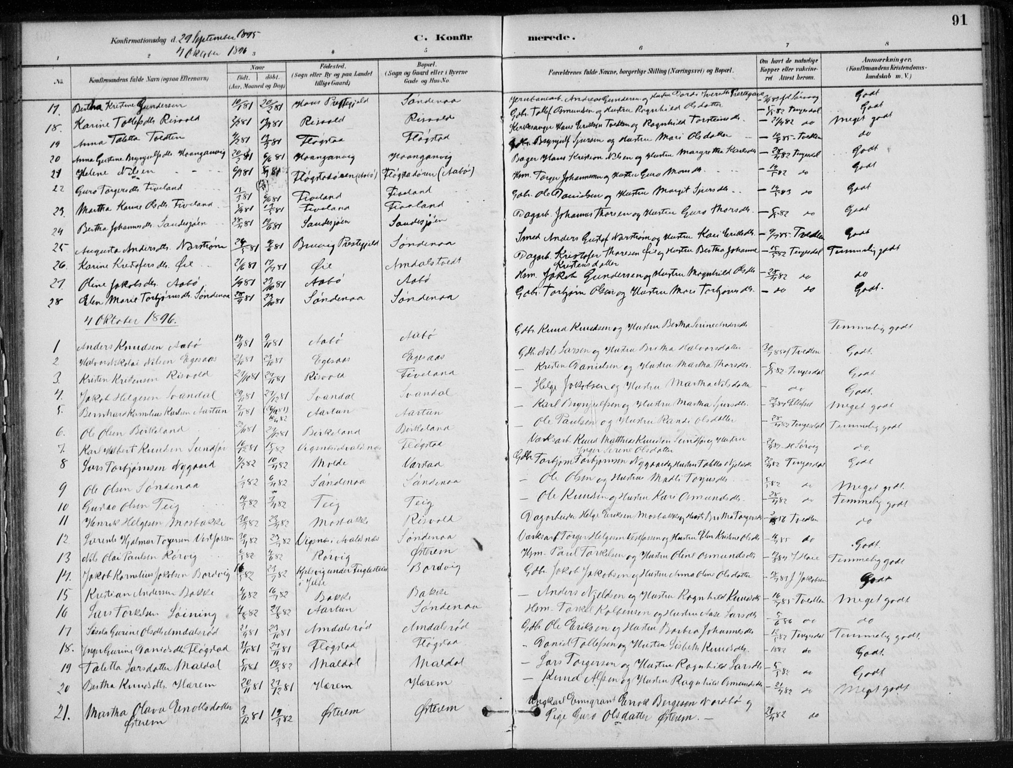 Sand sokneprestkontor, AV/SAST-A-101848/01/III/L0006: Parish register (official) no. A 6, 1880-1898, p. 91