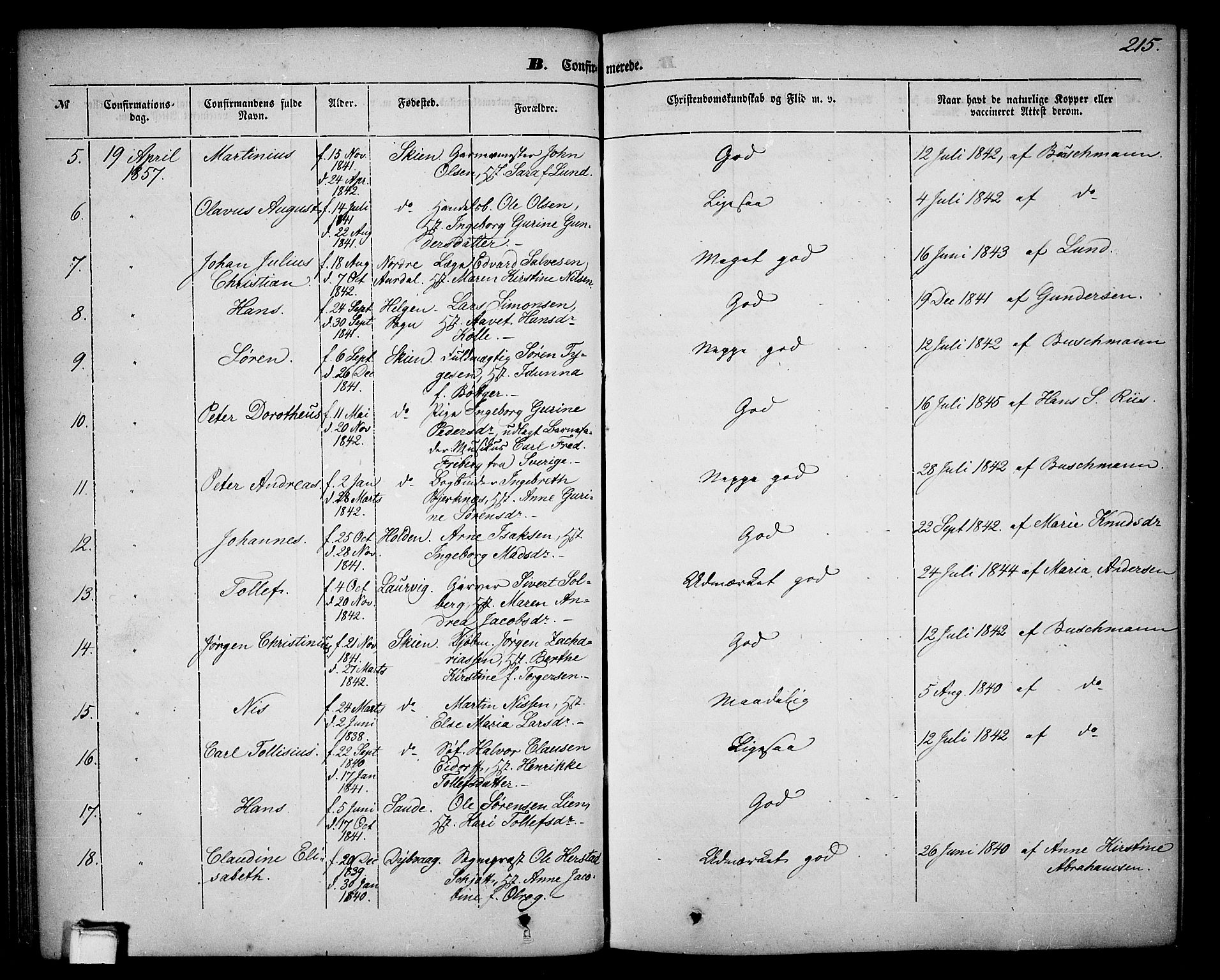 Skien kirkebøker, SAKO/A-302/G/Ga/L0004: Parish register (copy) no. 4, 1843-1867, p. 215