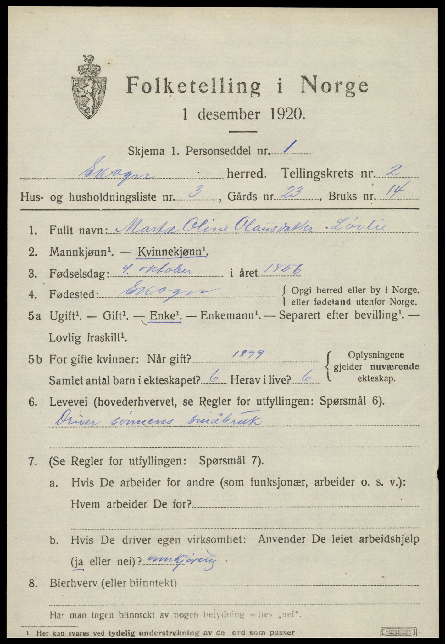 SAT, 1920 census for Skogn, 1920, p. 3045