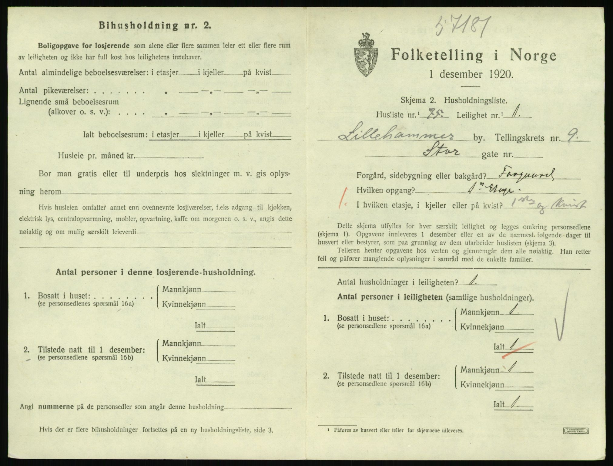 SAH, 1920 census for Lillehammer, 1920, p. 3292