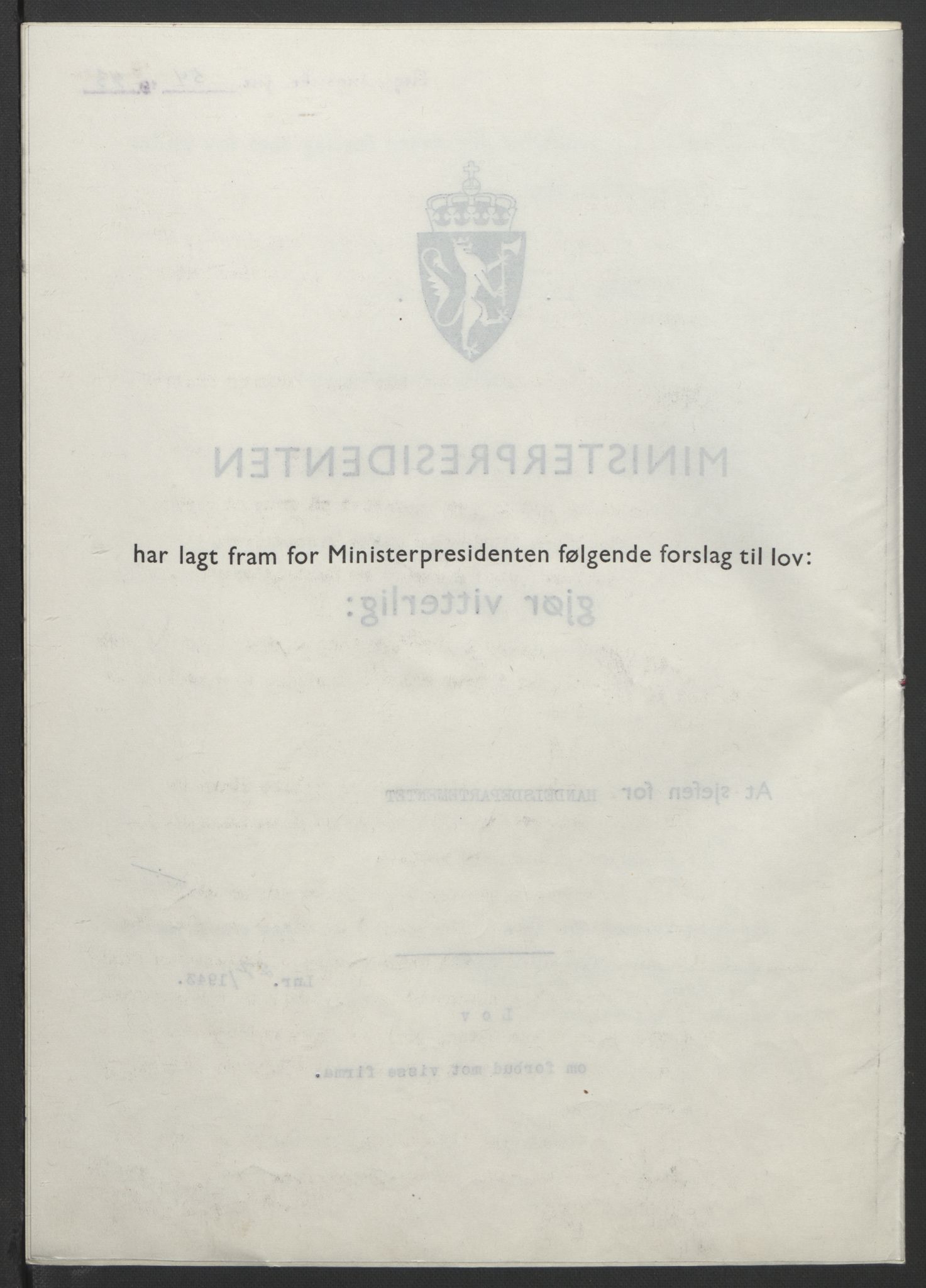 NS-administrasjonen 1940-1945 (Statsrådsekretariatet, de kommisariske statsråder mm), RA/S-4279/D/Db/L0099: Lover, 1943, p. 110