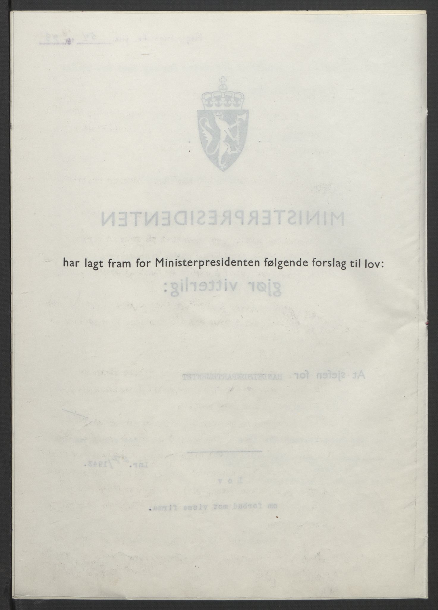 NS-administrasjonen 1940-1945 (Statsrådsekretariatet, de kommisariske statsråder mm), AV/RA-S-4279/D/Db/L0099: Lover, 1943, p. 110