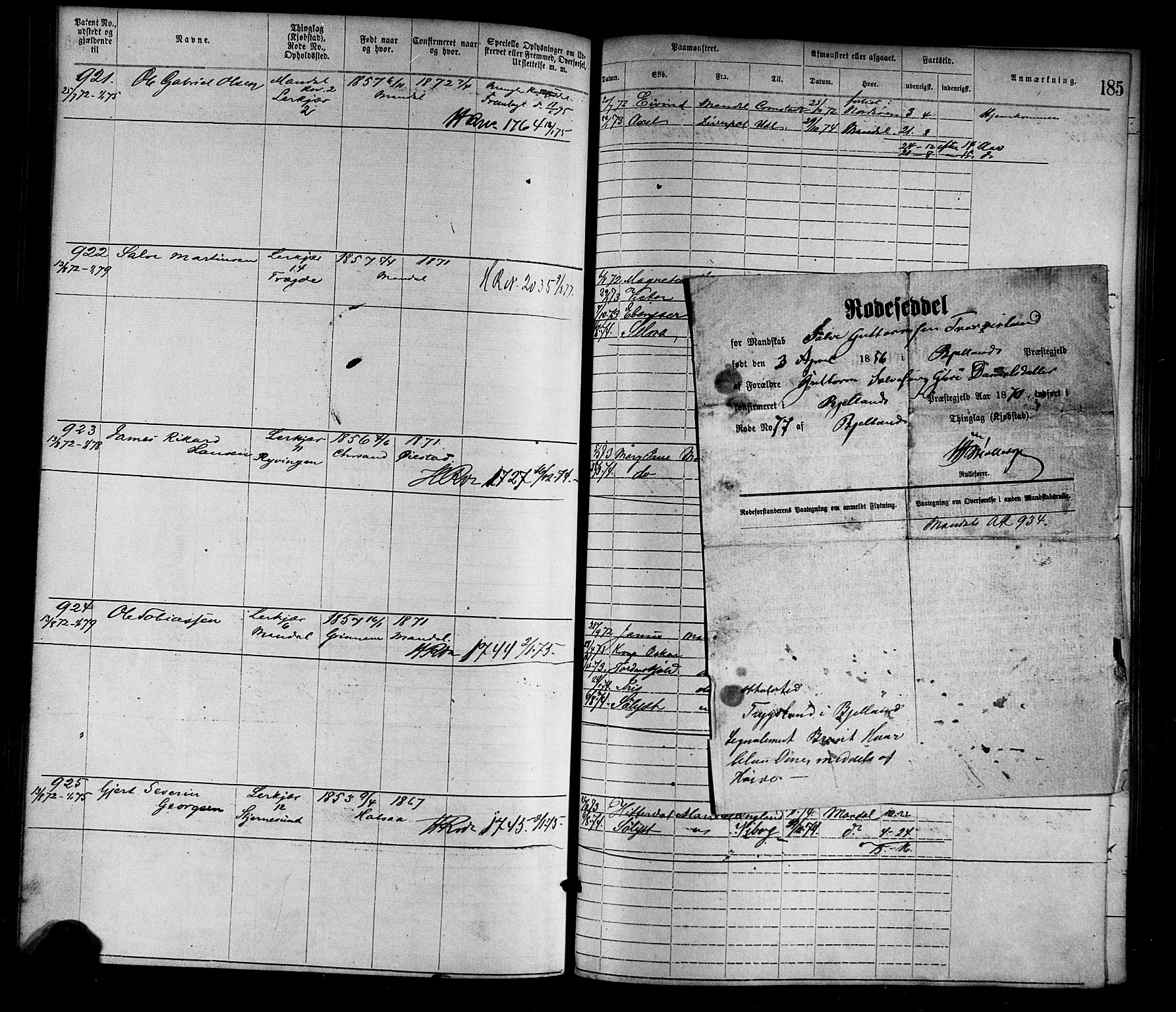 Mandal mønstringskrets, SAK/2031-0016/F/Fa/L0001: Annotasjonsrulle nr 1-1920 med register, L-3, 1869-1881, p. 218
