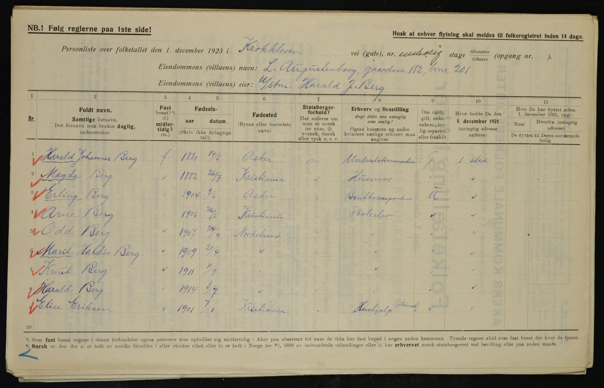 , Municipal Census 1923 for Aker, 1923, p. 40406