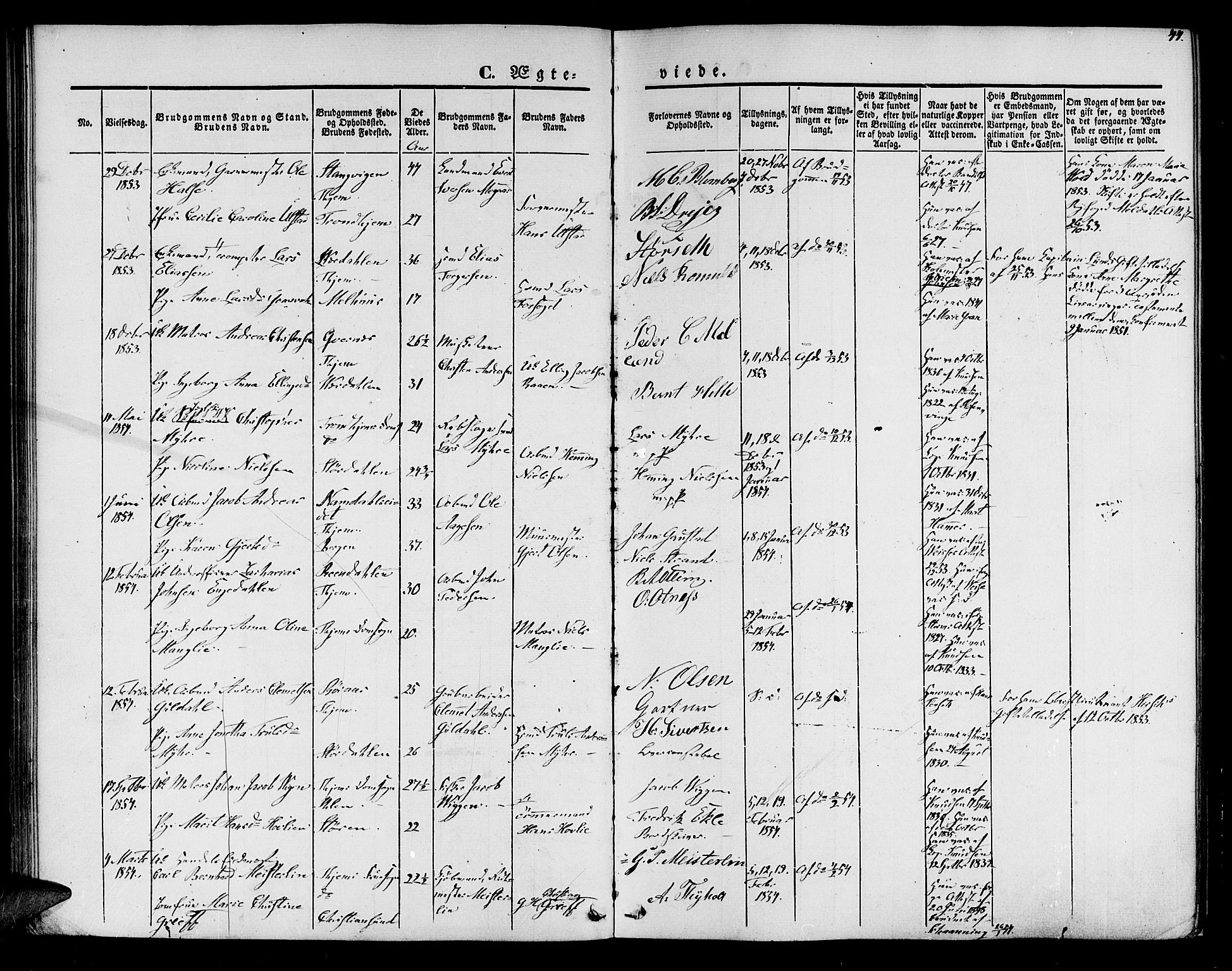 Ministerialprotokoller, klokkerbøker og fødselsregistre - Sør-Trøndelag, AV/SAT-A-1456/602/L0111: Parish register (official) no. 602A09, 1844-1867, p. 44