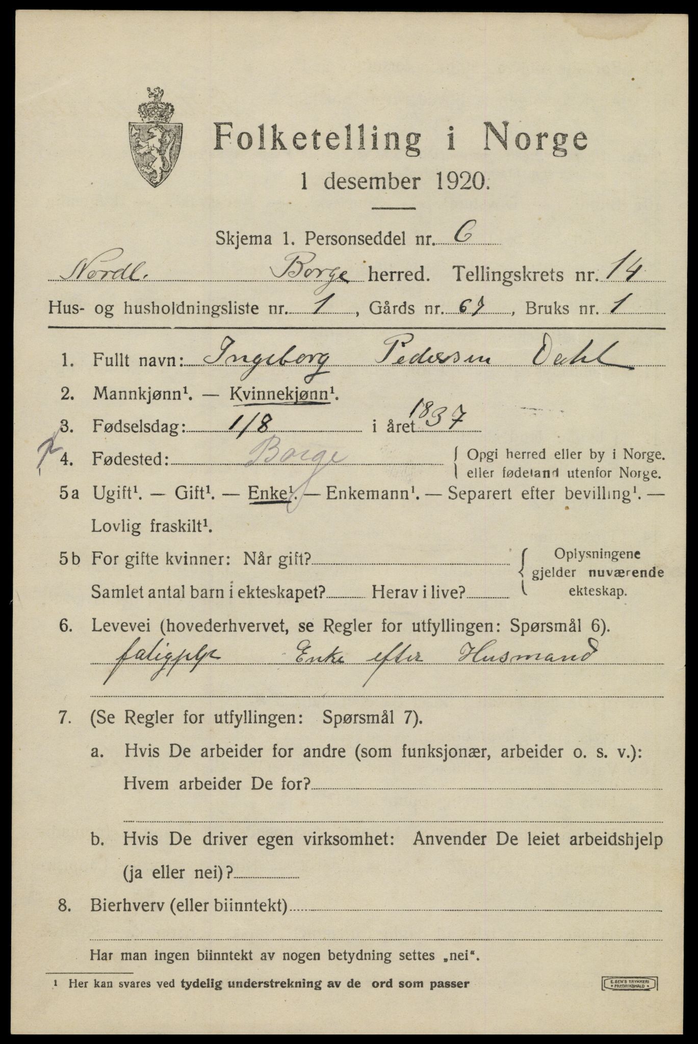 SAT, 1920 census for Borge, 1920, p. 10617