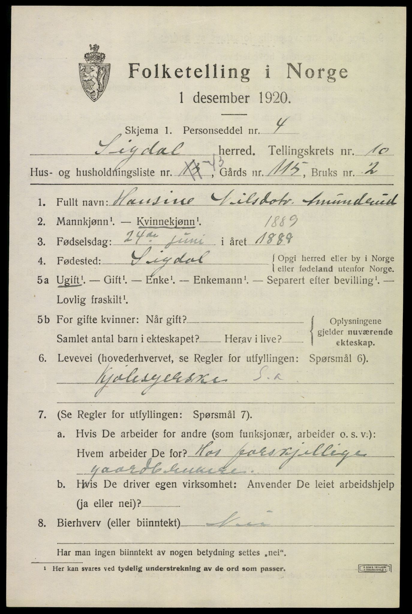 SAKO, 1920 census for Sigdal, 1920, p. 7582