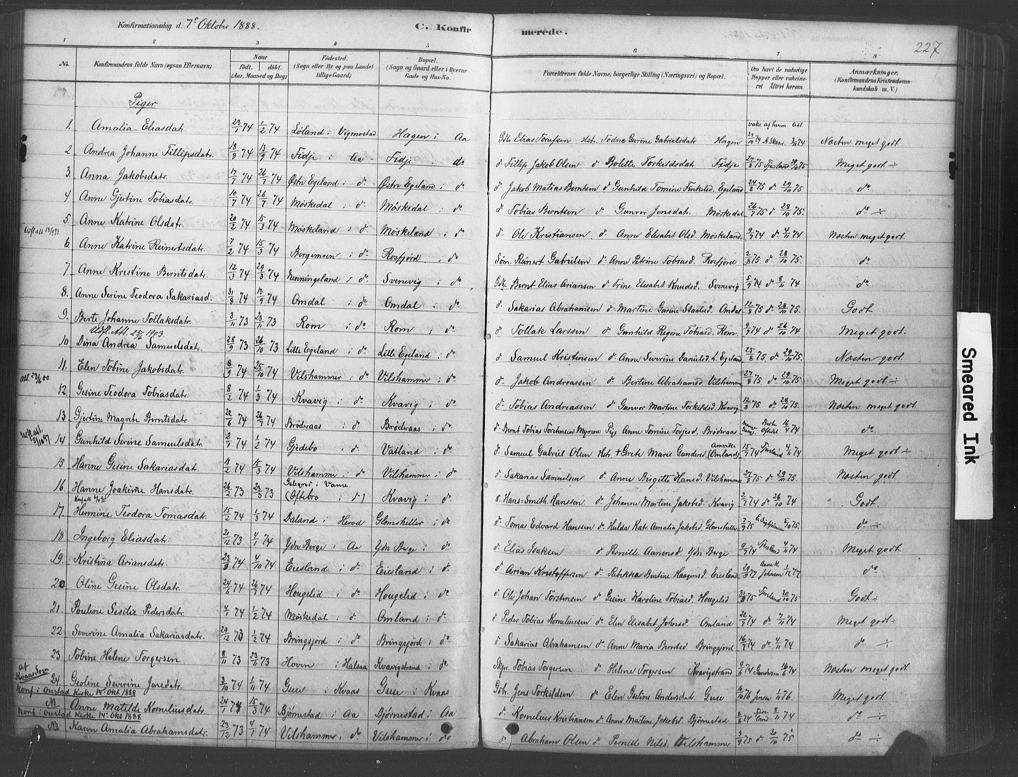 Lyngdal sokneprestkontor, AV/SAK-1111-0029/F/Fa/Fac/L0011: Parish register (official) no. A 11, 1878-1893, p. 227