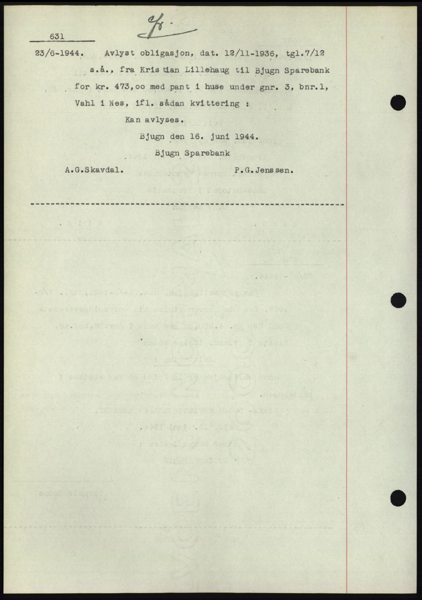 Fosen sorenskriveri, AV/SAT-A-1107/1/2/2C: Mortgage book no. B1, 1943-1946, Diary no: : 631/1944
