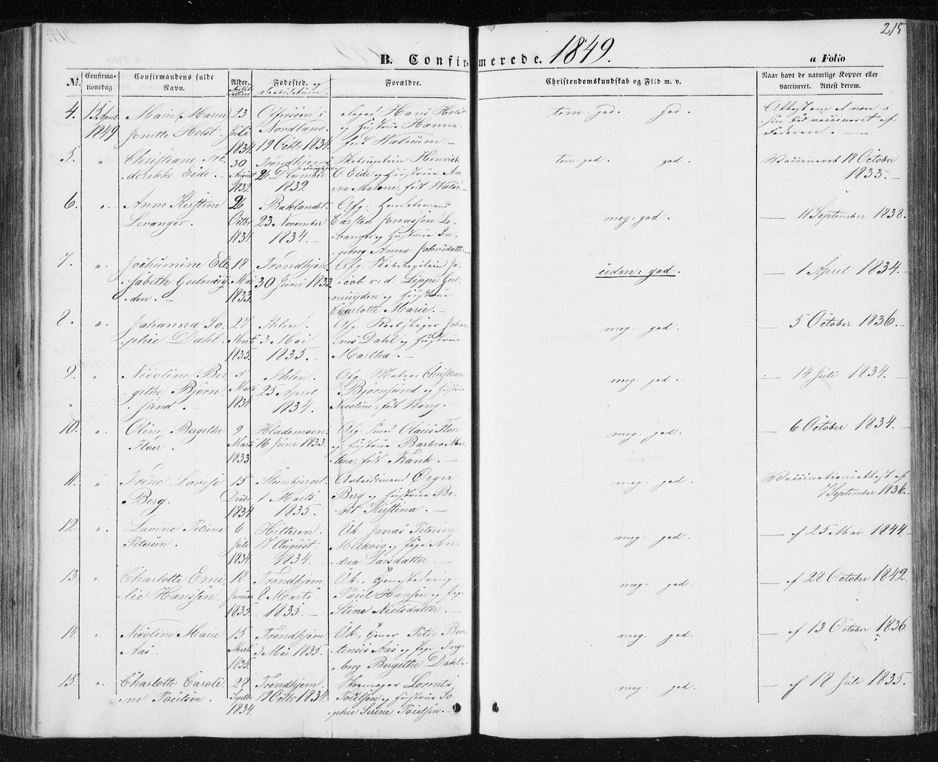 Ministerialprotokoller, klokkerbøker og fødselsregistre - Sør-Trøndelag, AV/SAT-A-1456/602/L0112: Parish register (official) no. 602A10, 1848-1859, p. 215