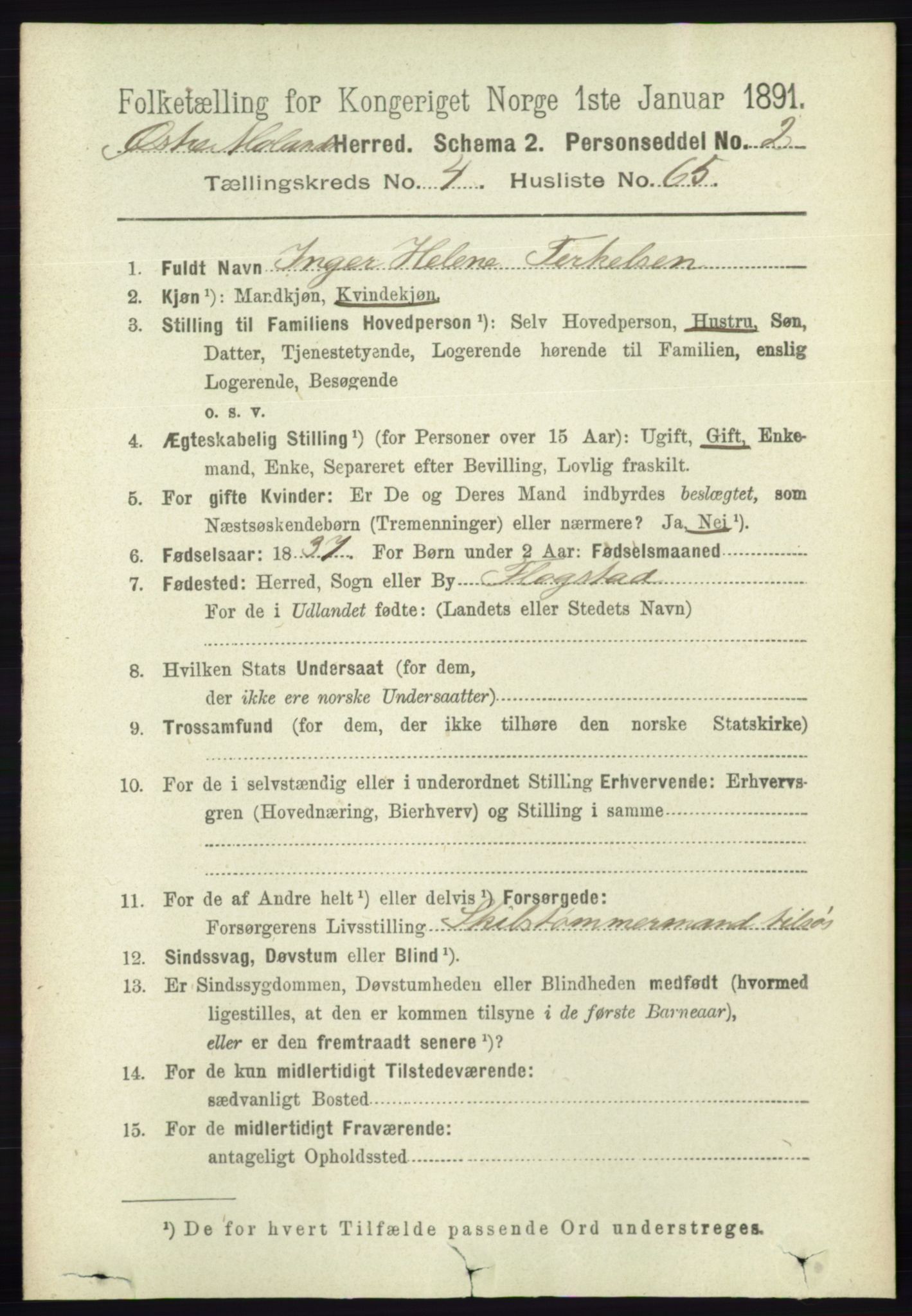 RA, 1891 census for 0918 Austre Moland, 1891, p. 2399