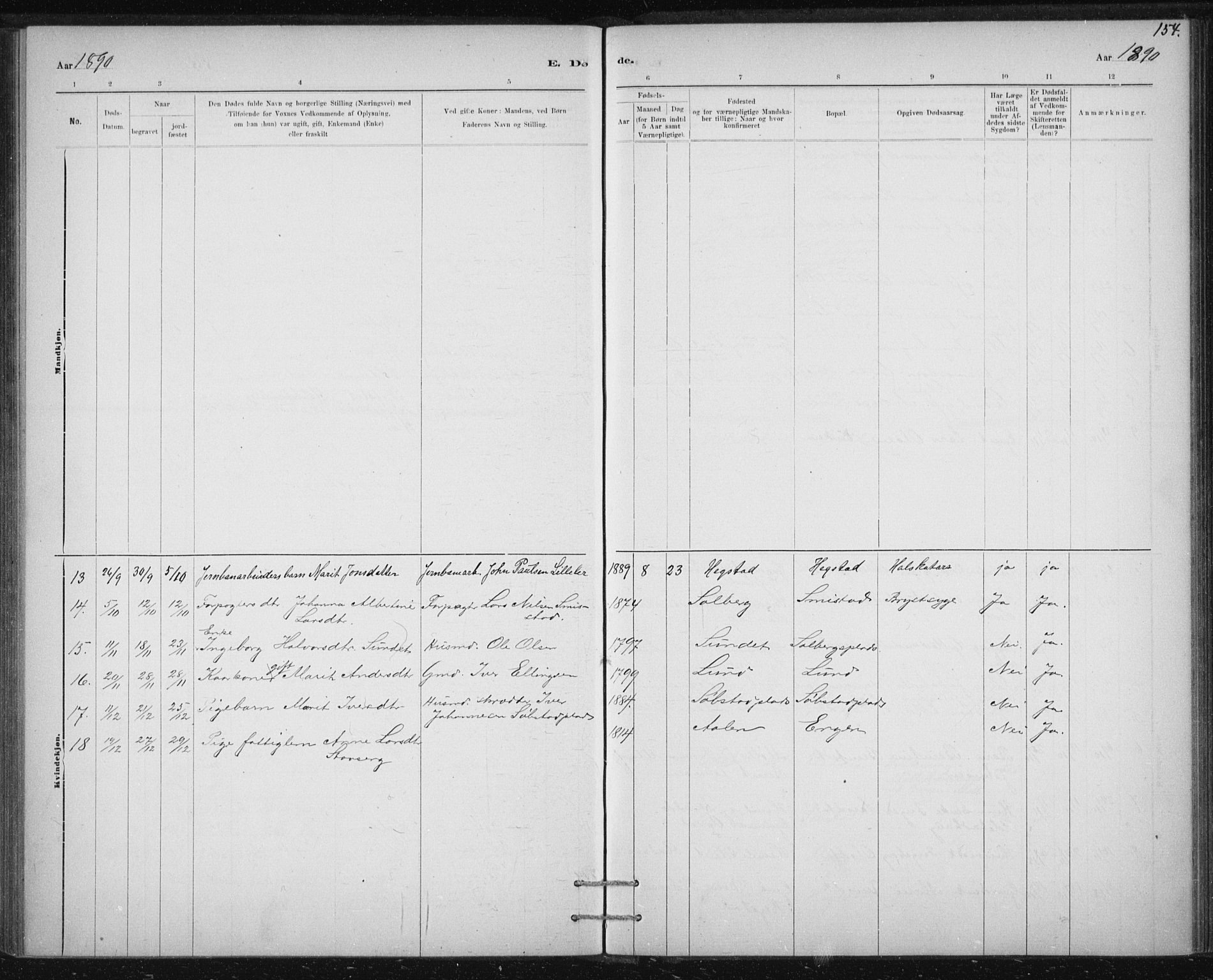 Ministerialprotokoller, klokkerbøker og fødselsregistre - Sør-Trøndelag, SAT/A-1456/613/L0392: Parish register (official) no. 613A01, 1887-1906, p. 154