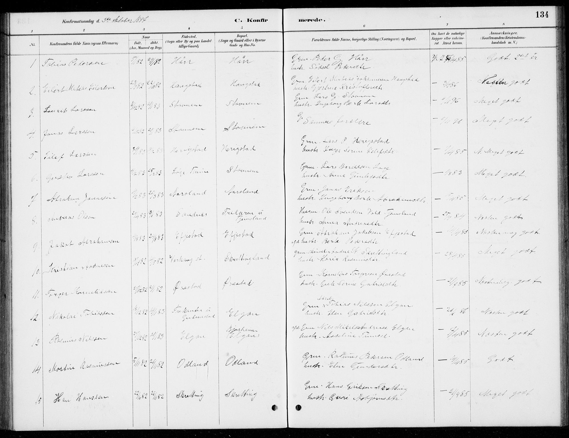 Hå sokneprestkontor, AV/SAST-A-101801/001/30BB/L0004: Parish register (copy) no. B 4, 1883-1899, p. 134