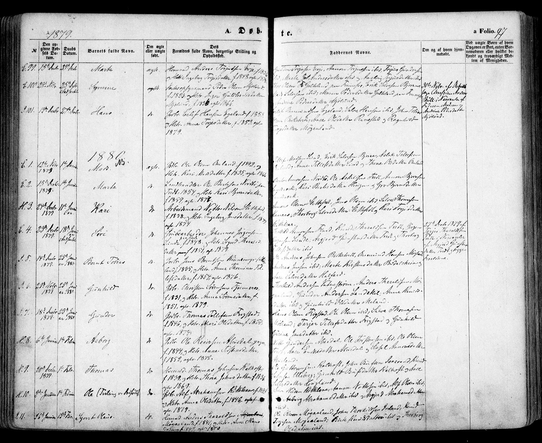 Evje sokneprestkontor, SAK/1111-0008/F/Fa/Faa/L0006: Parish register (official) no. A 6, 1866-1884, p. 97